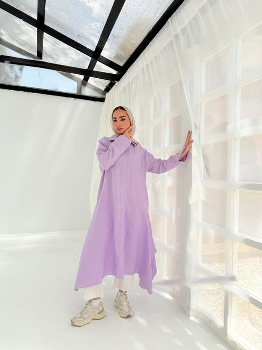 Lilac pure linen shirt dress