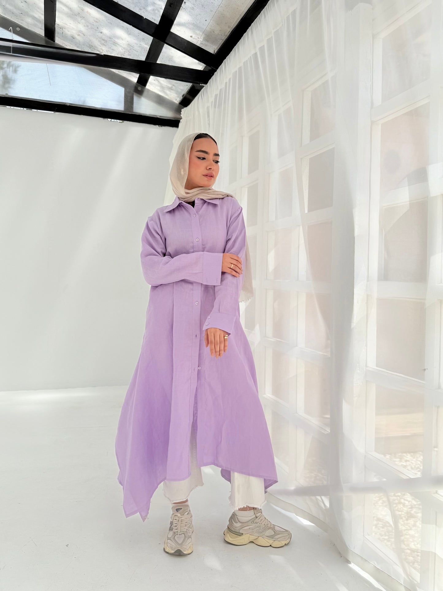Lilac pure linen shirt dress