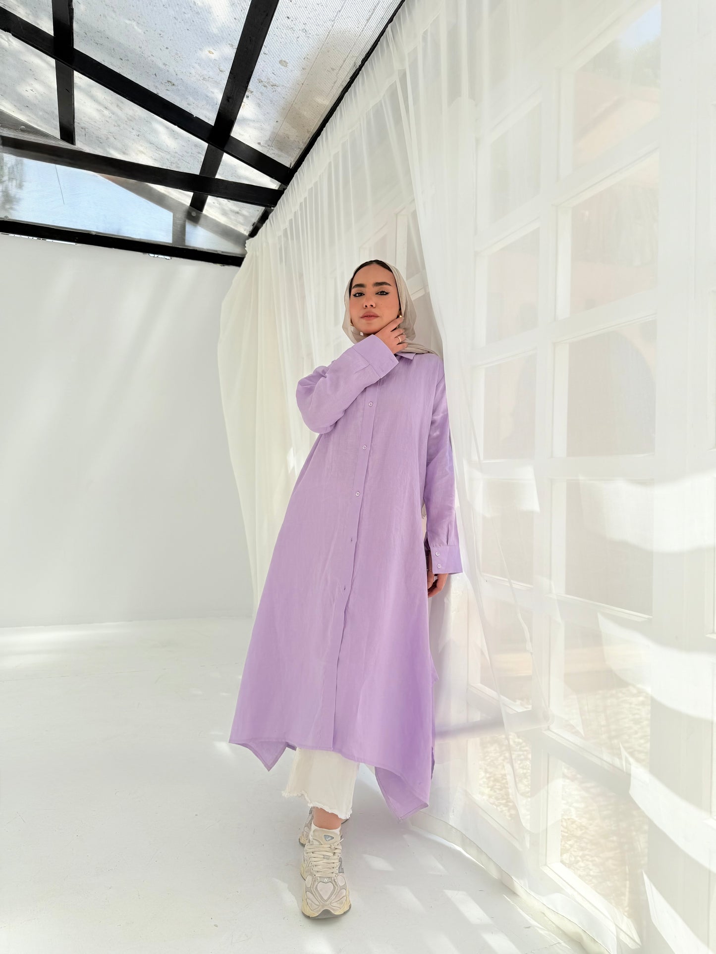 Lilac pure linen shirt dress
