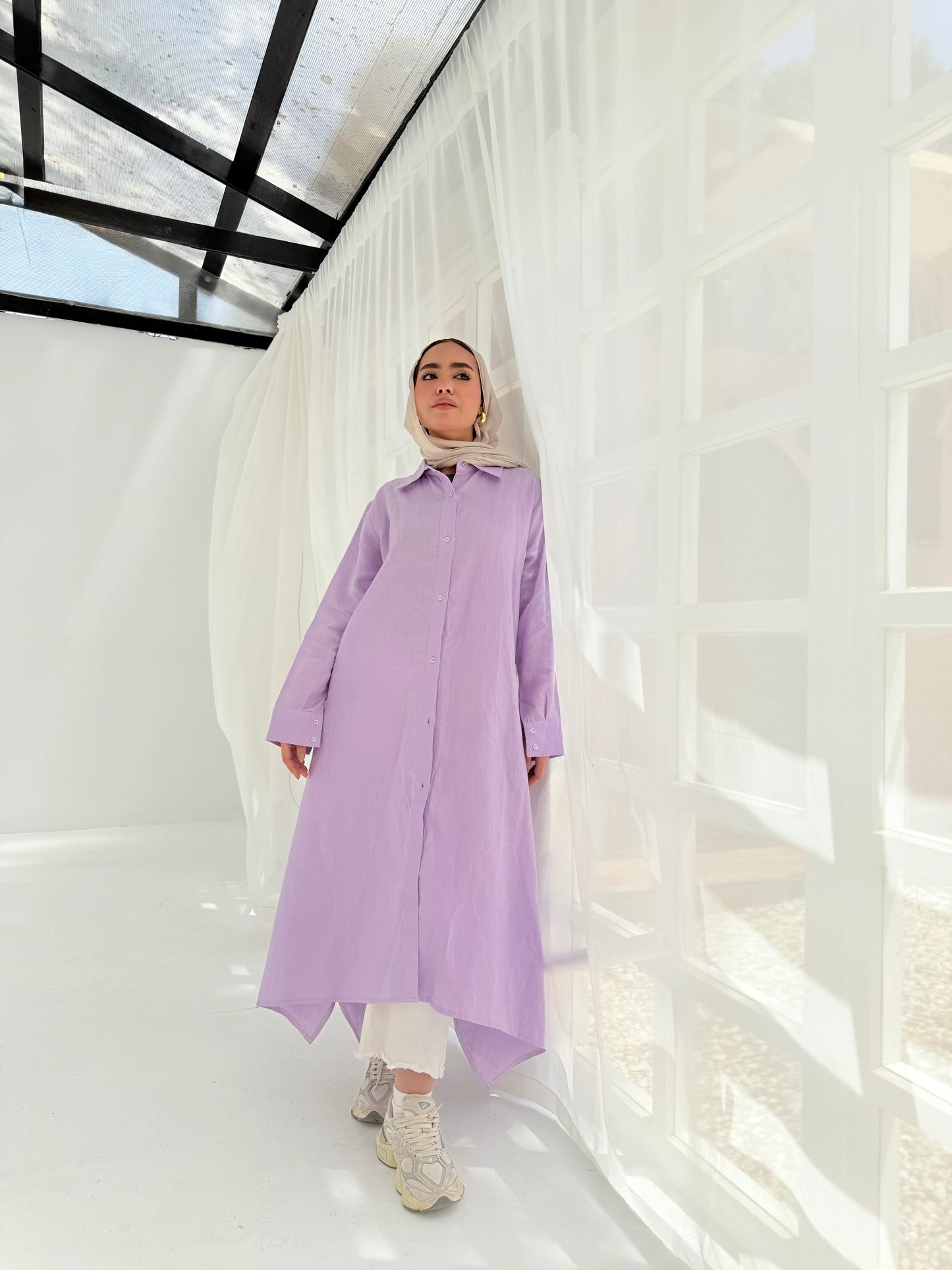 Lilac pure linen shirt dress