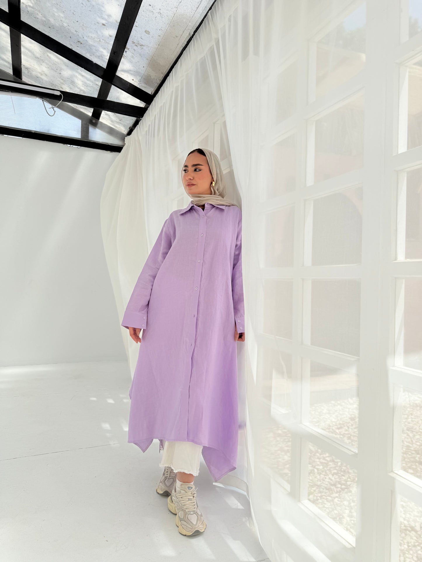 Lilac pure linen shirt dress
