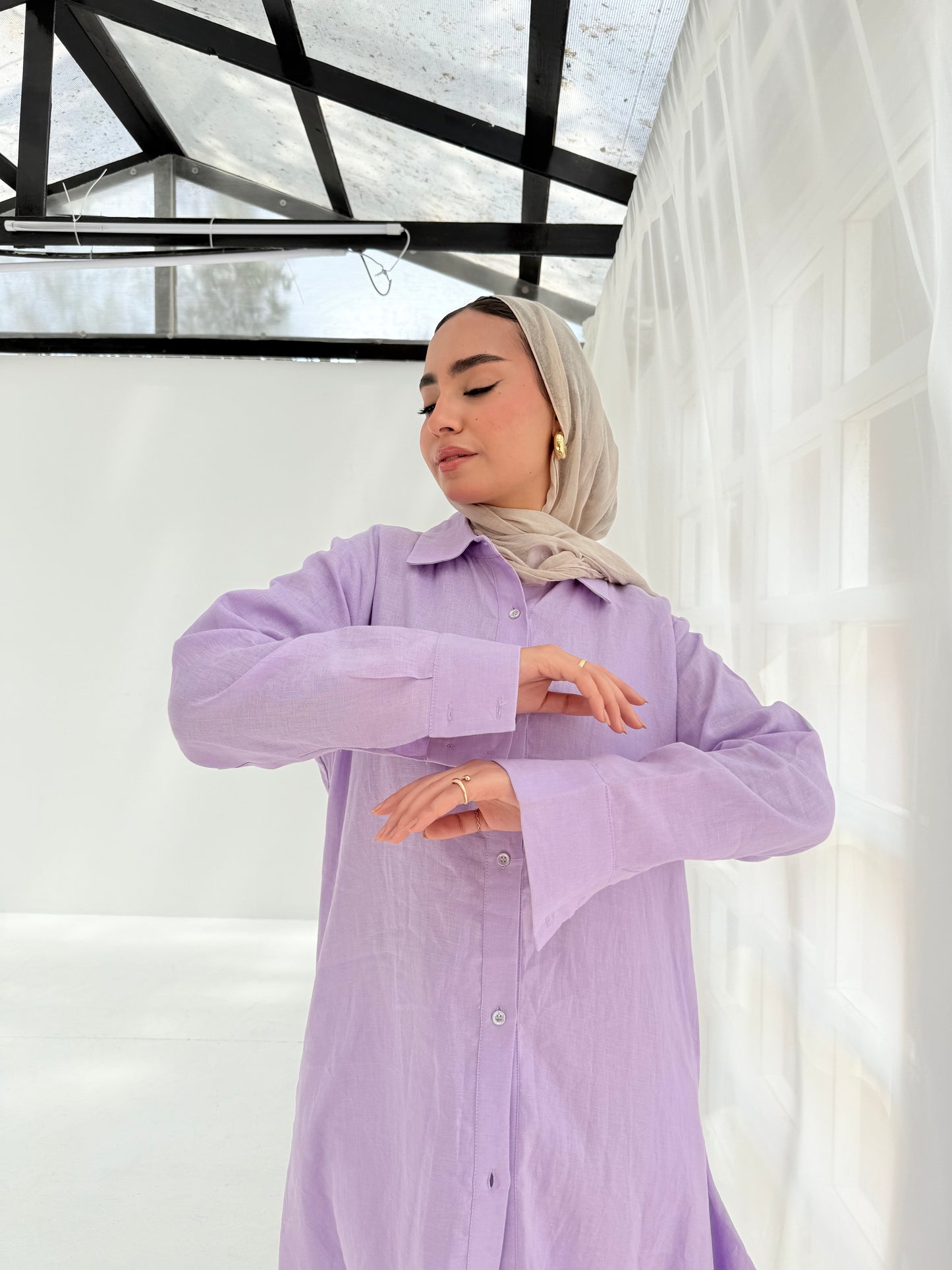 Lilac pure linen shirt dress