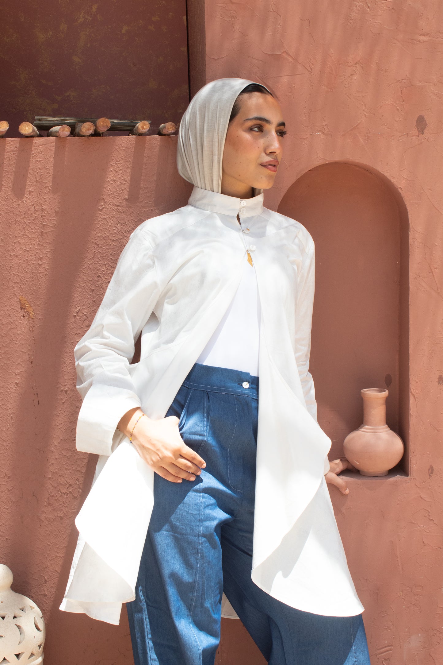 White studded poplin circuitous blouse