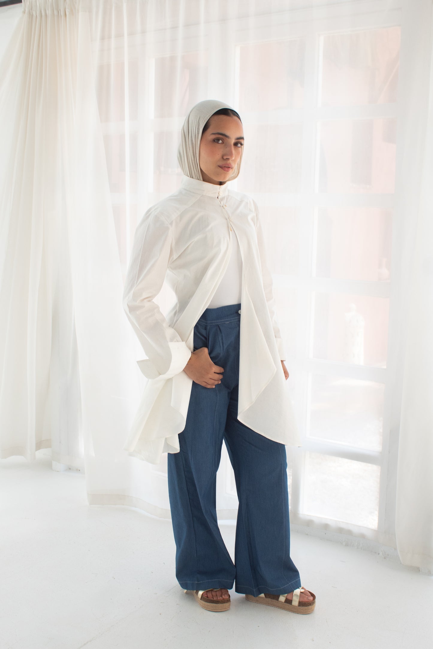 White studded poplin circuitous blouse