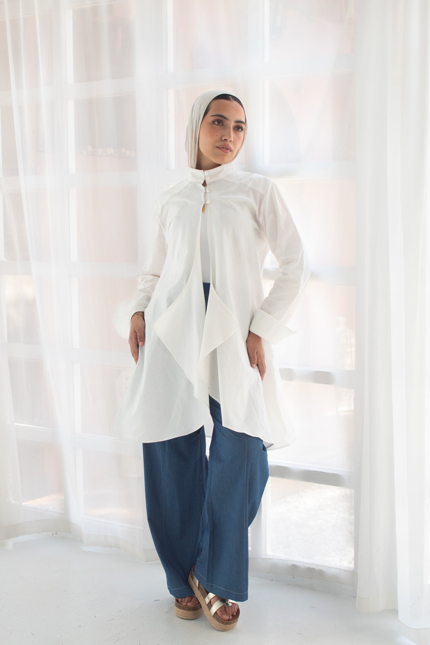 White studded poplin circuitous blouse