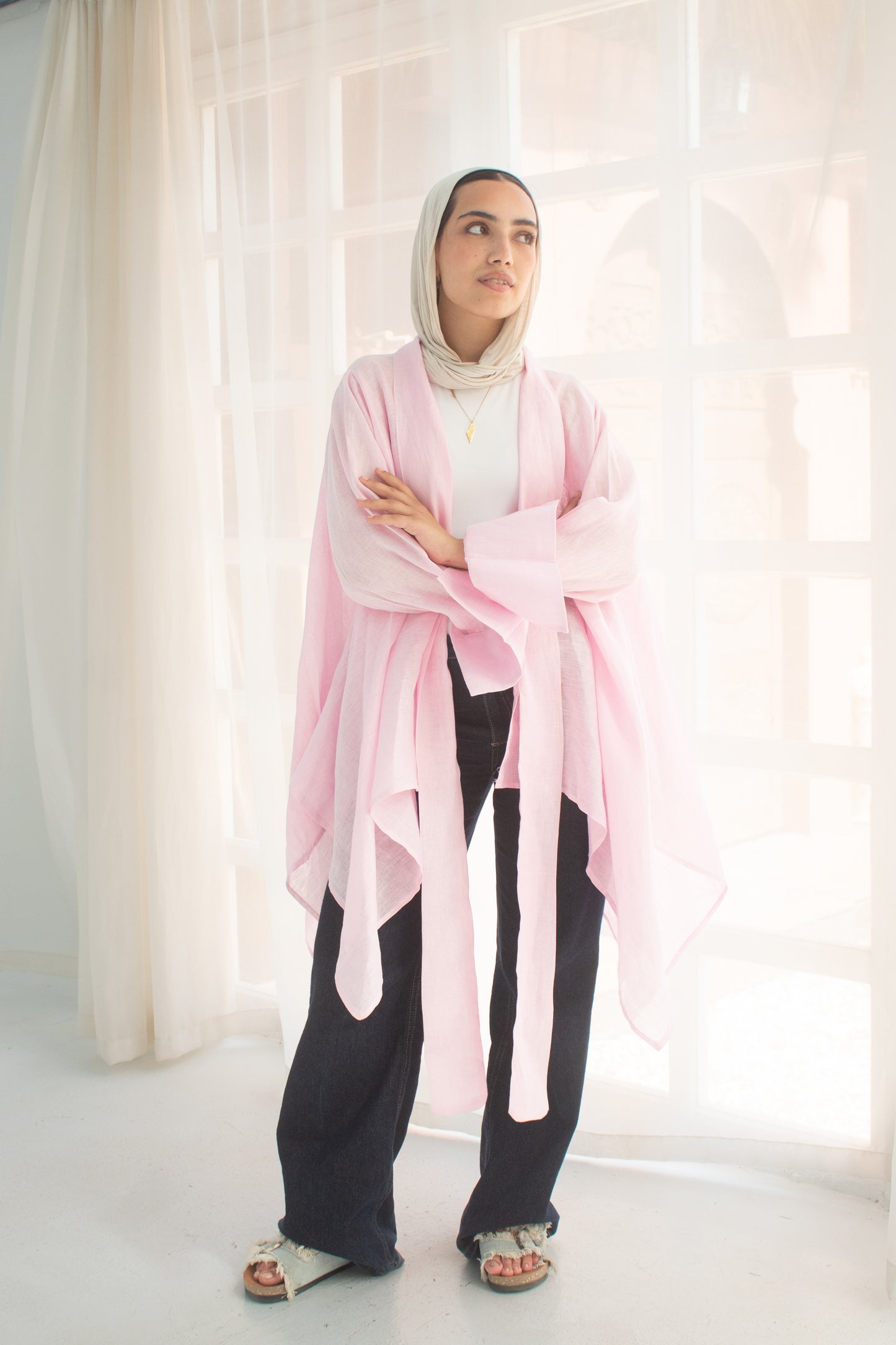 Pure linen cardigan in pink