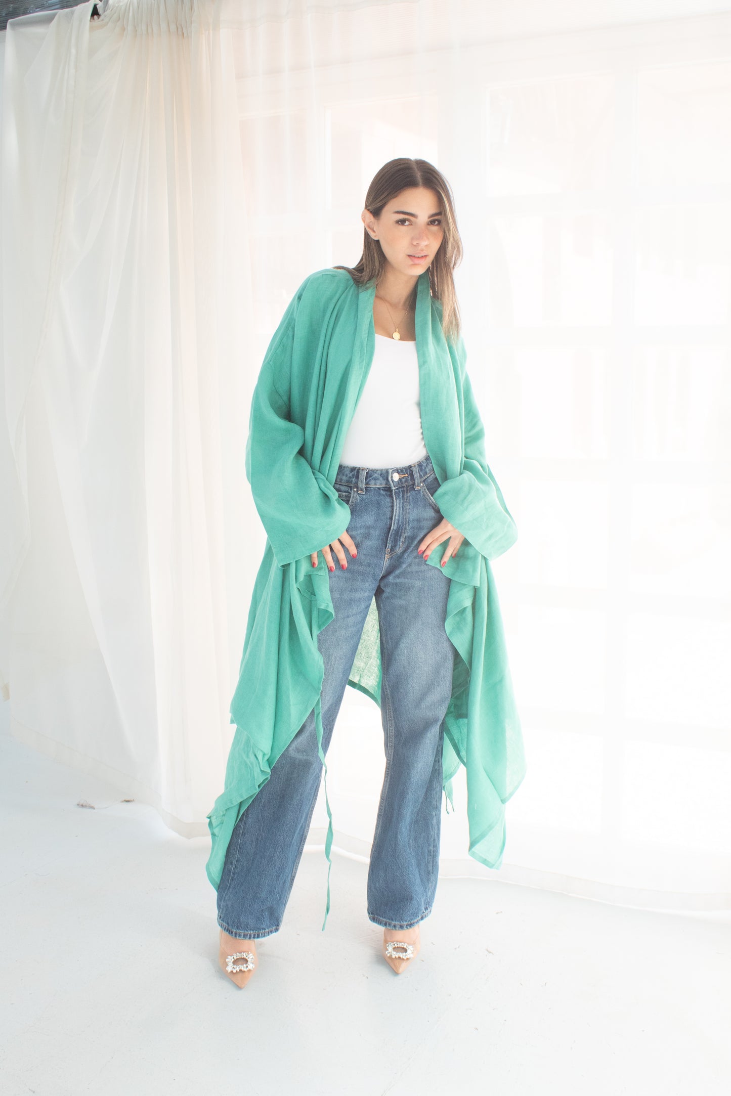 Butterfly tiffany blue pure linen cardigan
