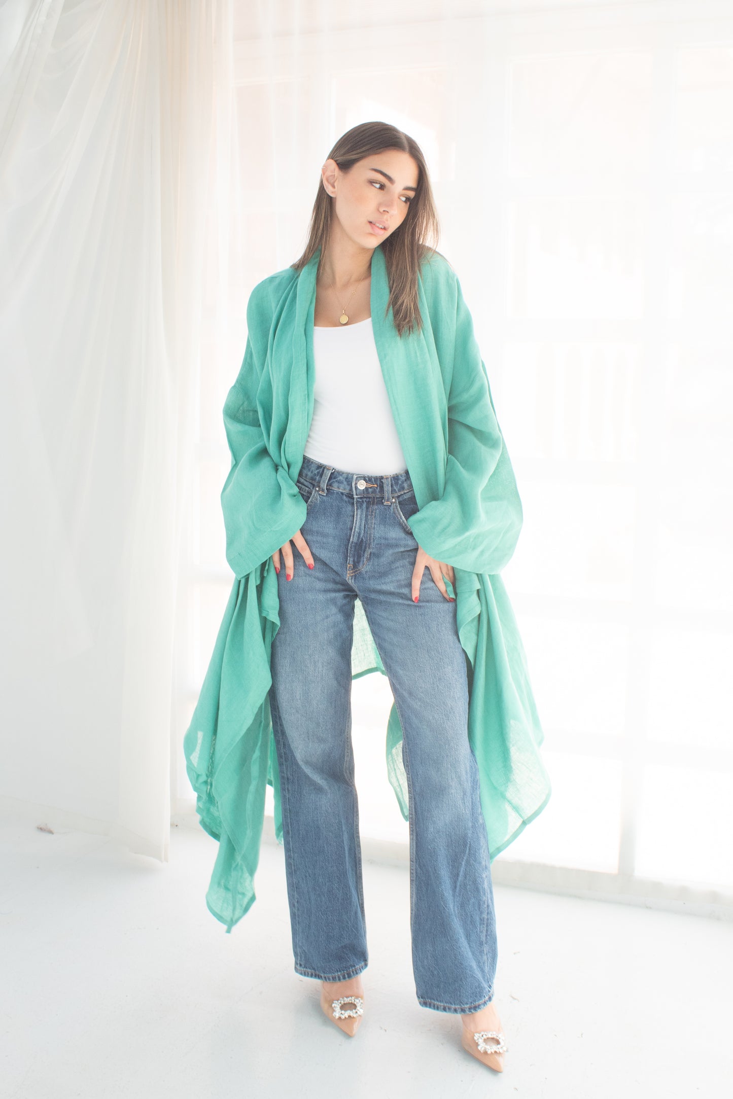 Butterfly tiffany blue pure linen cardigan