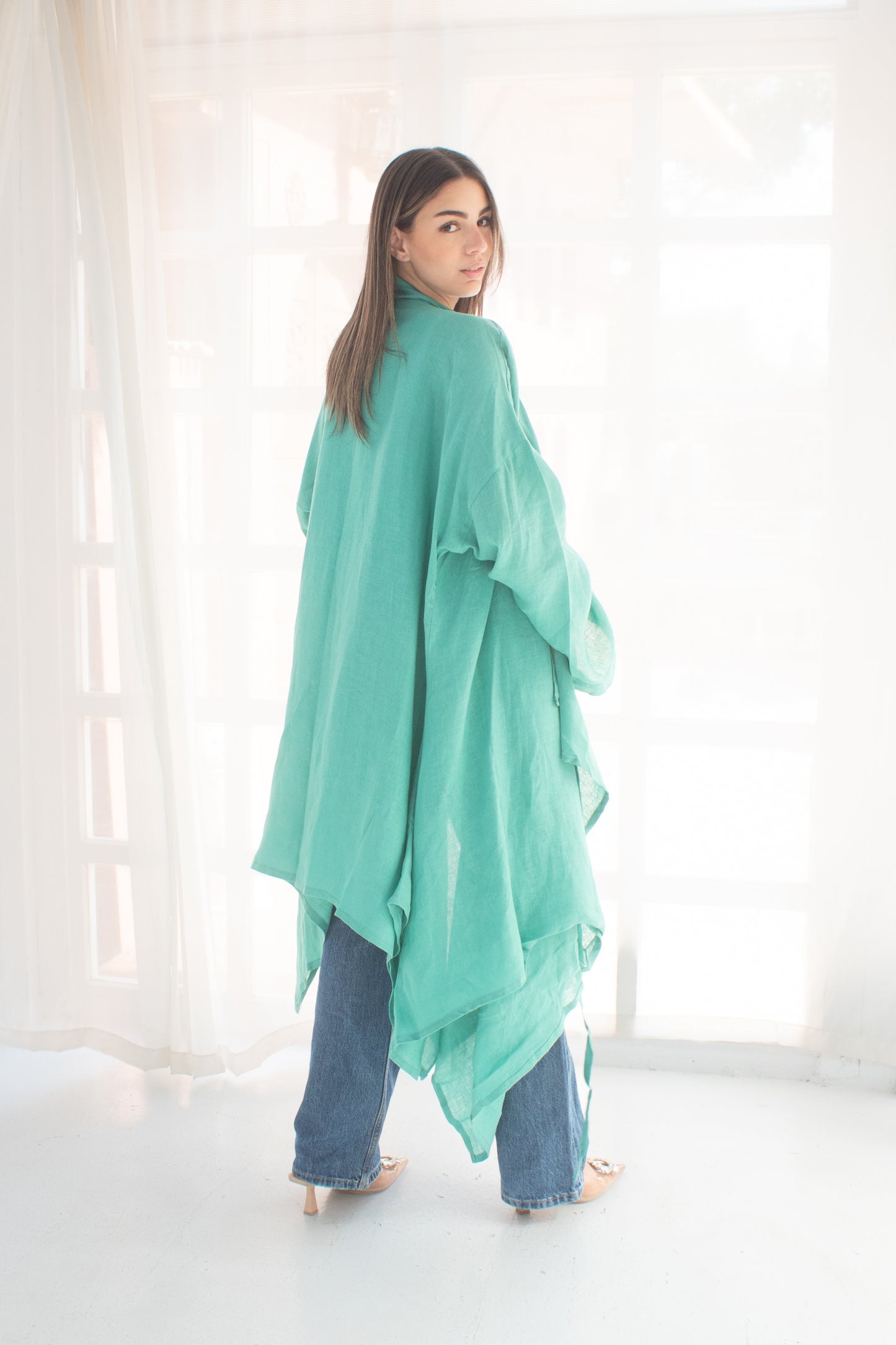 Butterfly tiffany blue pure linen cardigan