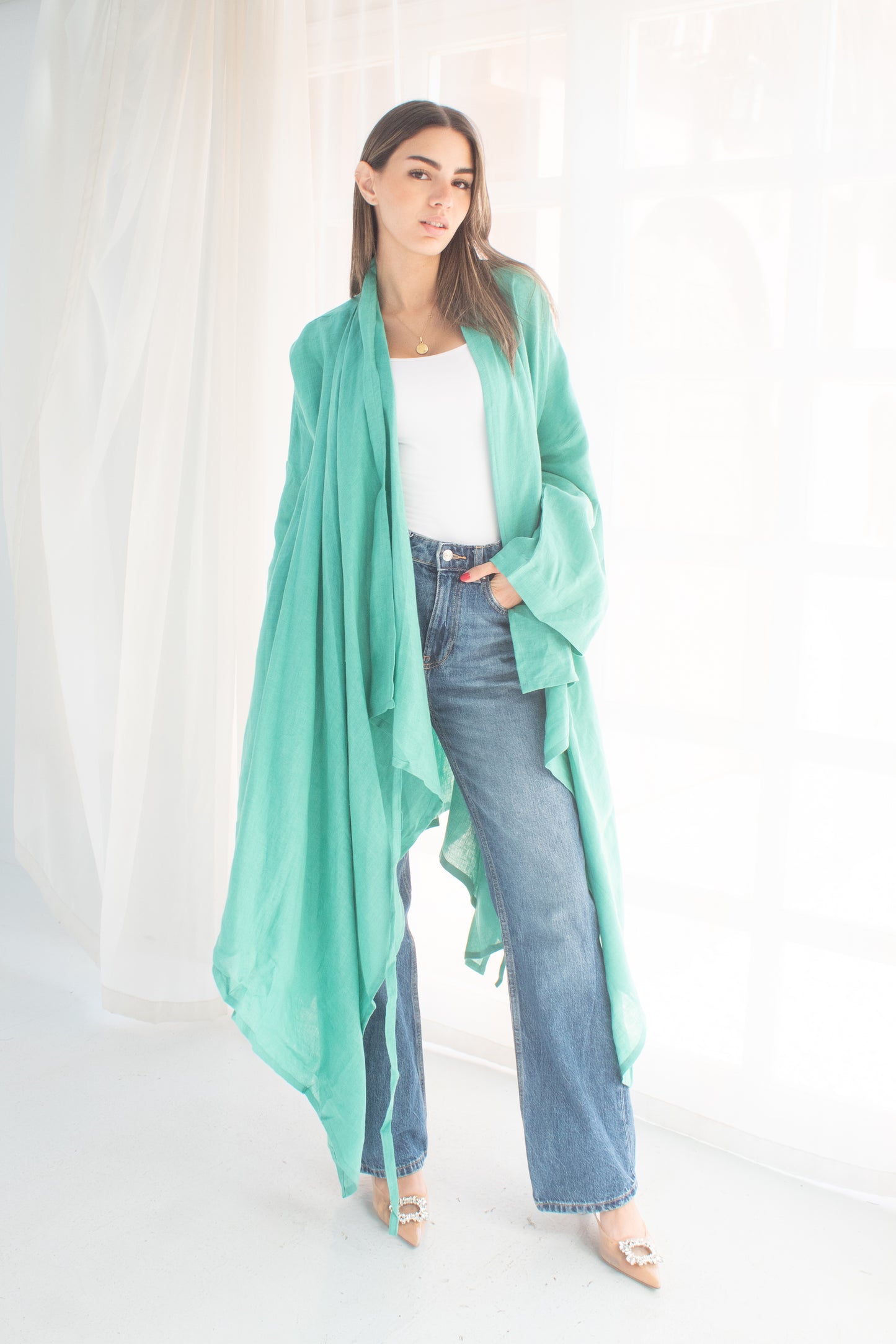 Butterfly tiffany blue pure linen cardigan