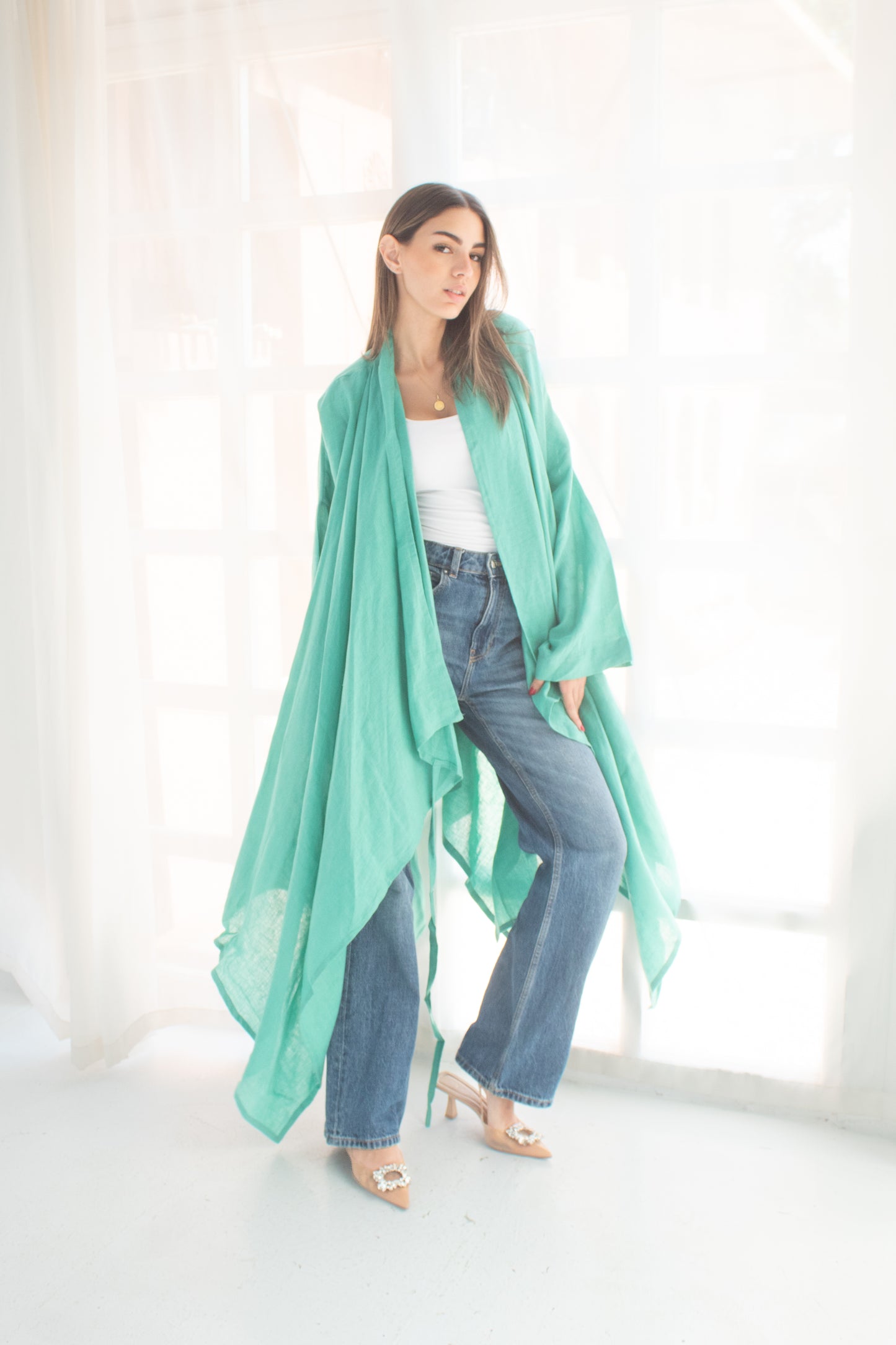 Butterfly tiffany blue pure linen cardigan