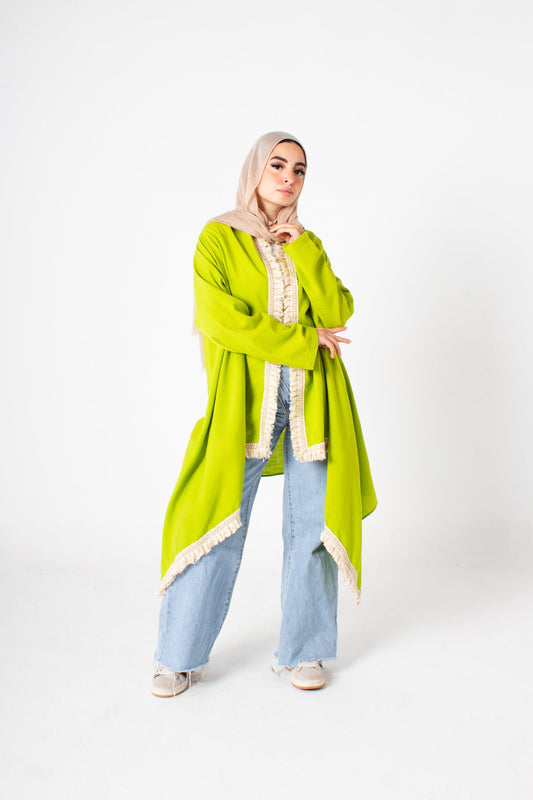 Green linen high and low free size cardigan