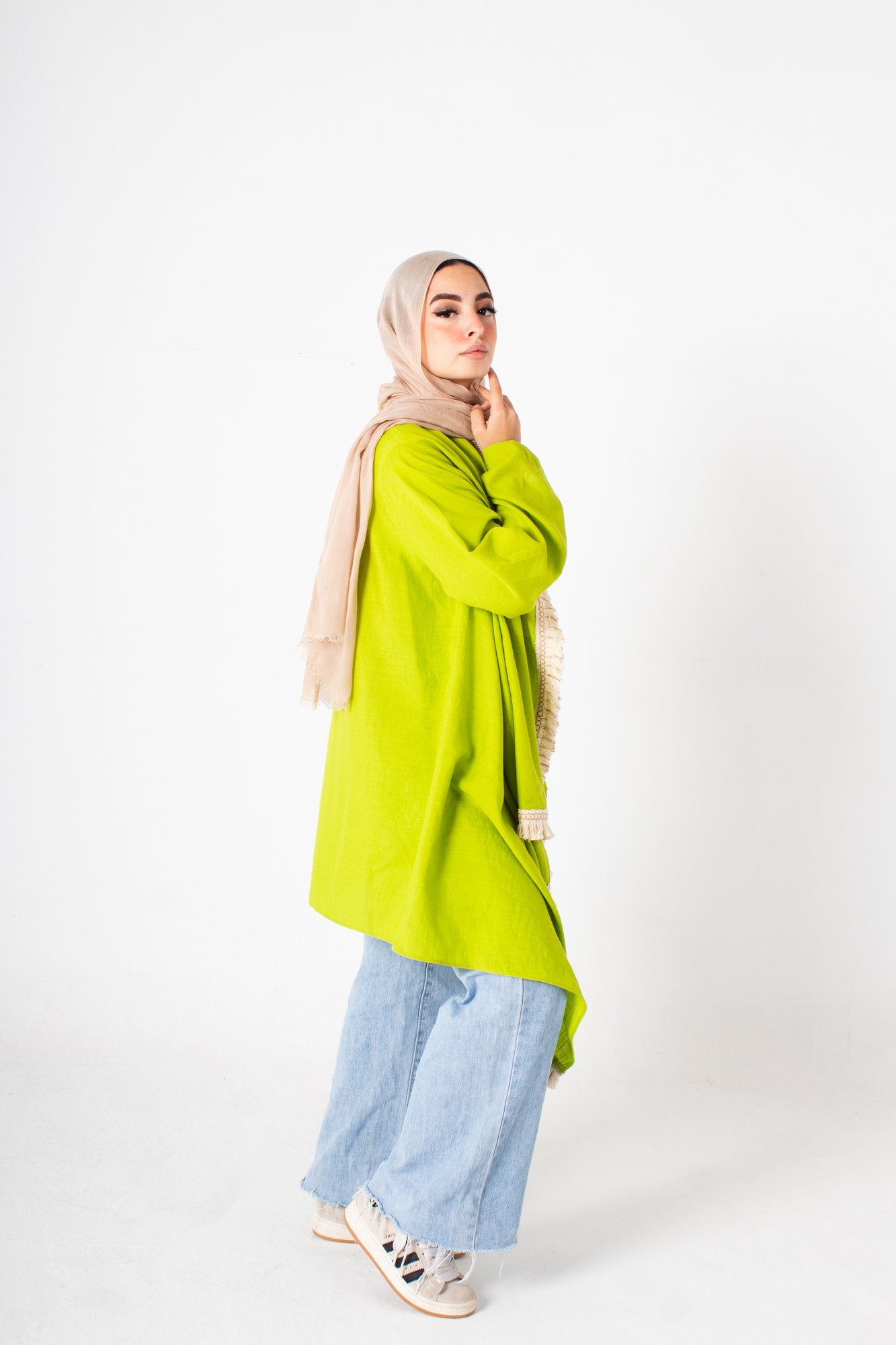 Green linen high and low free size cardigan