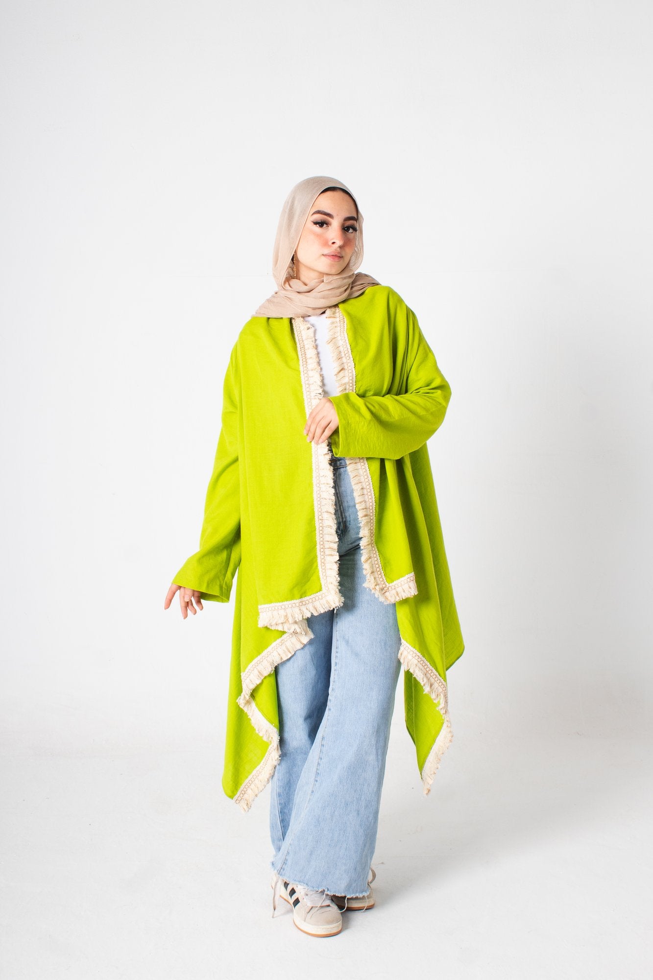 Green linen high and low free size cardigan