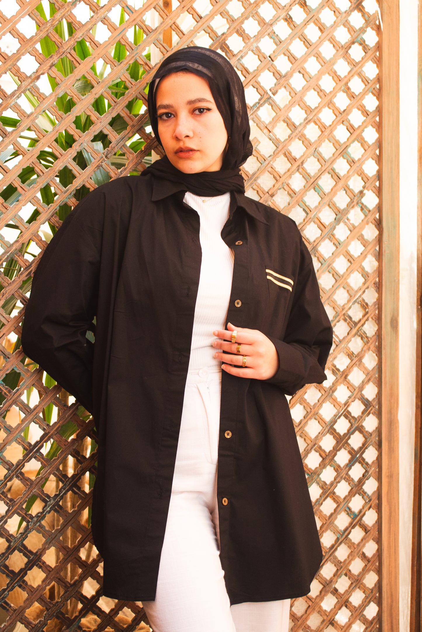 Poplin black basic shirt with golden silk ribbon