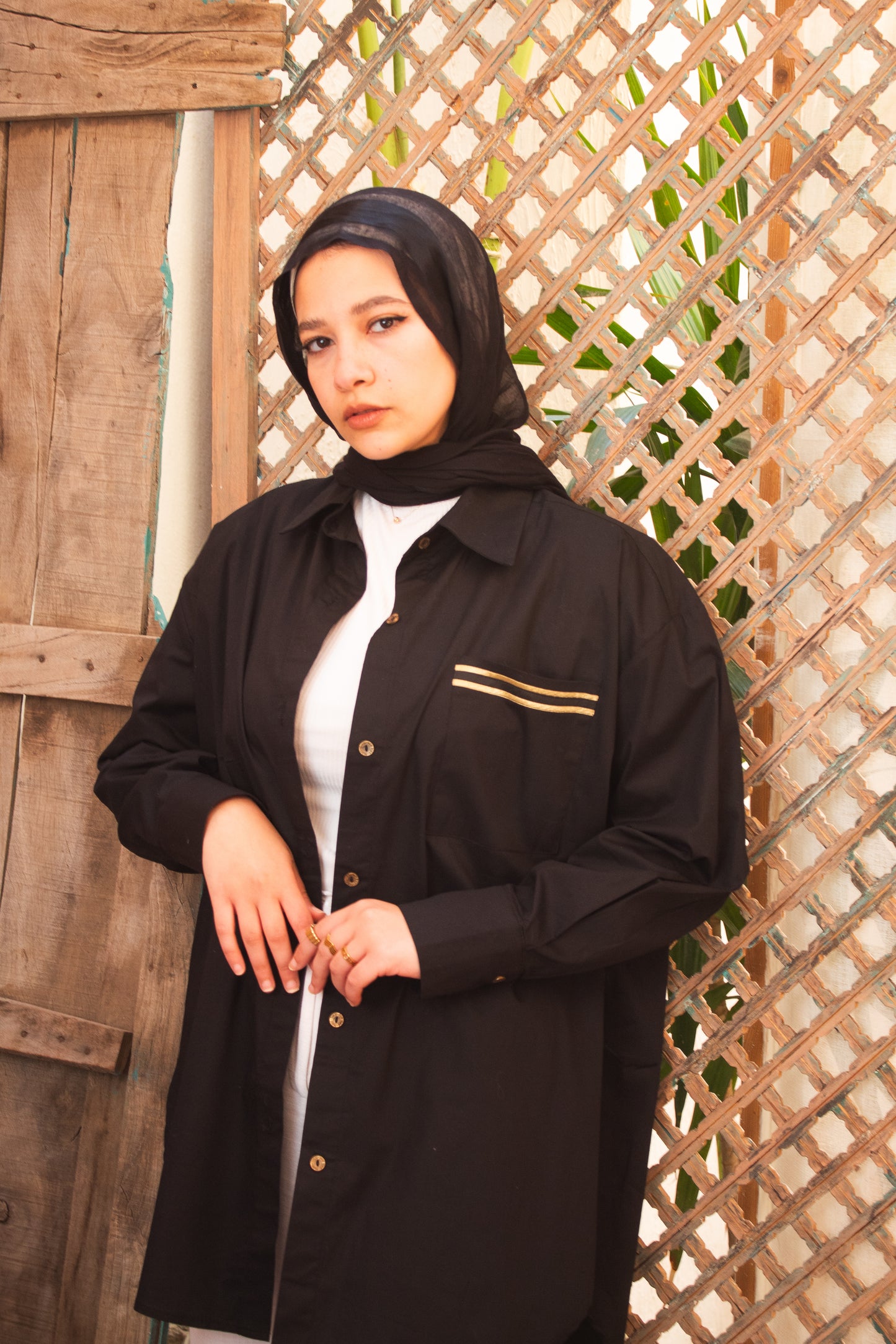 Poplin black basic shirt with golden silk ribbon