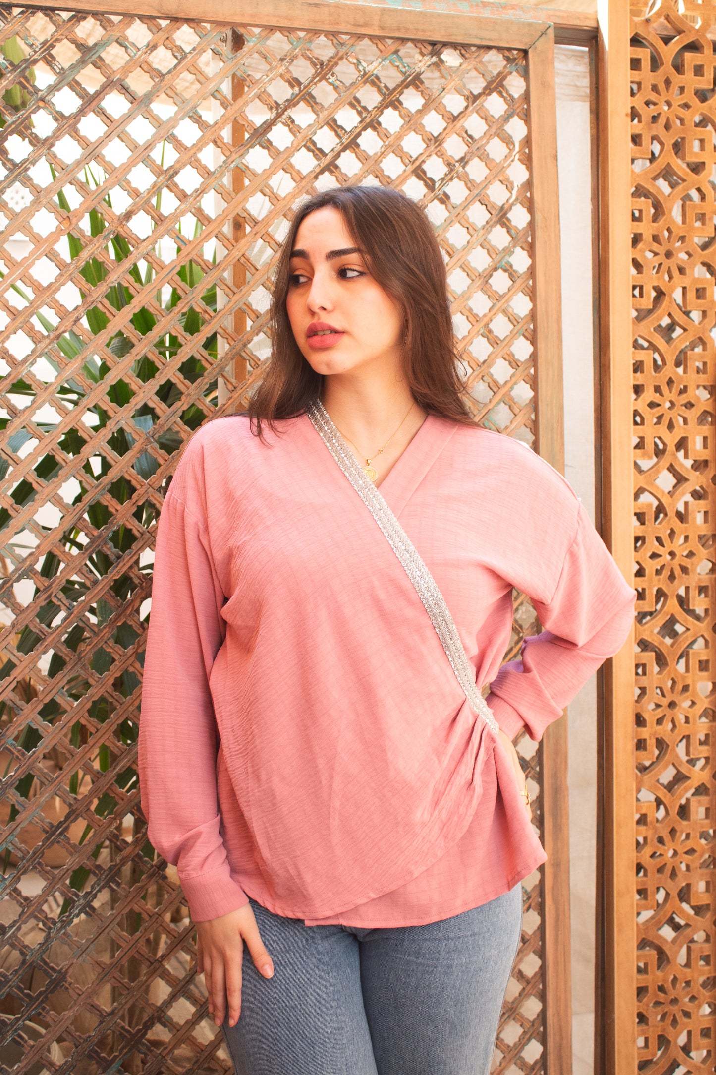 Pink jacquard linen free size wrap blouse