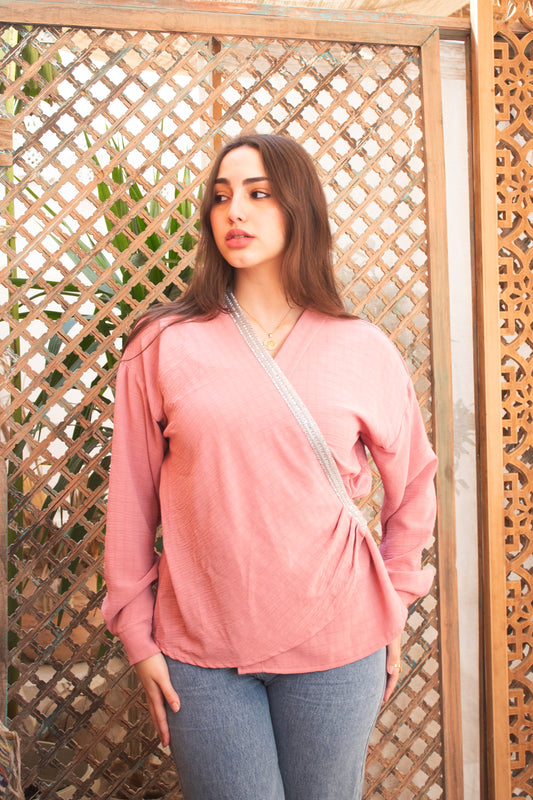 Pink jacquard linen free size wrap blouse