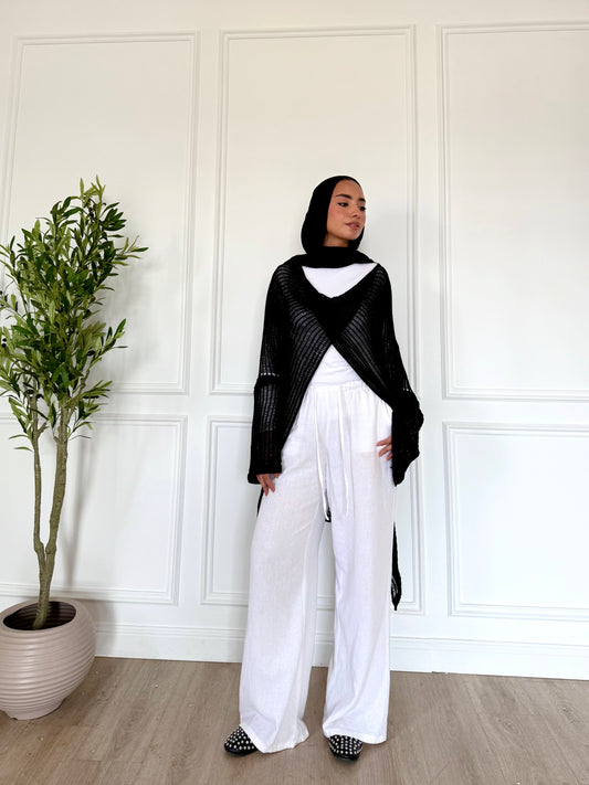 Black convoluted high and low knitted top