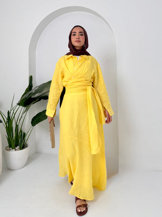 Yellow pure linen set (lined skirt)