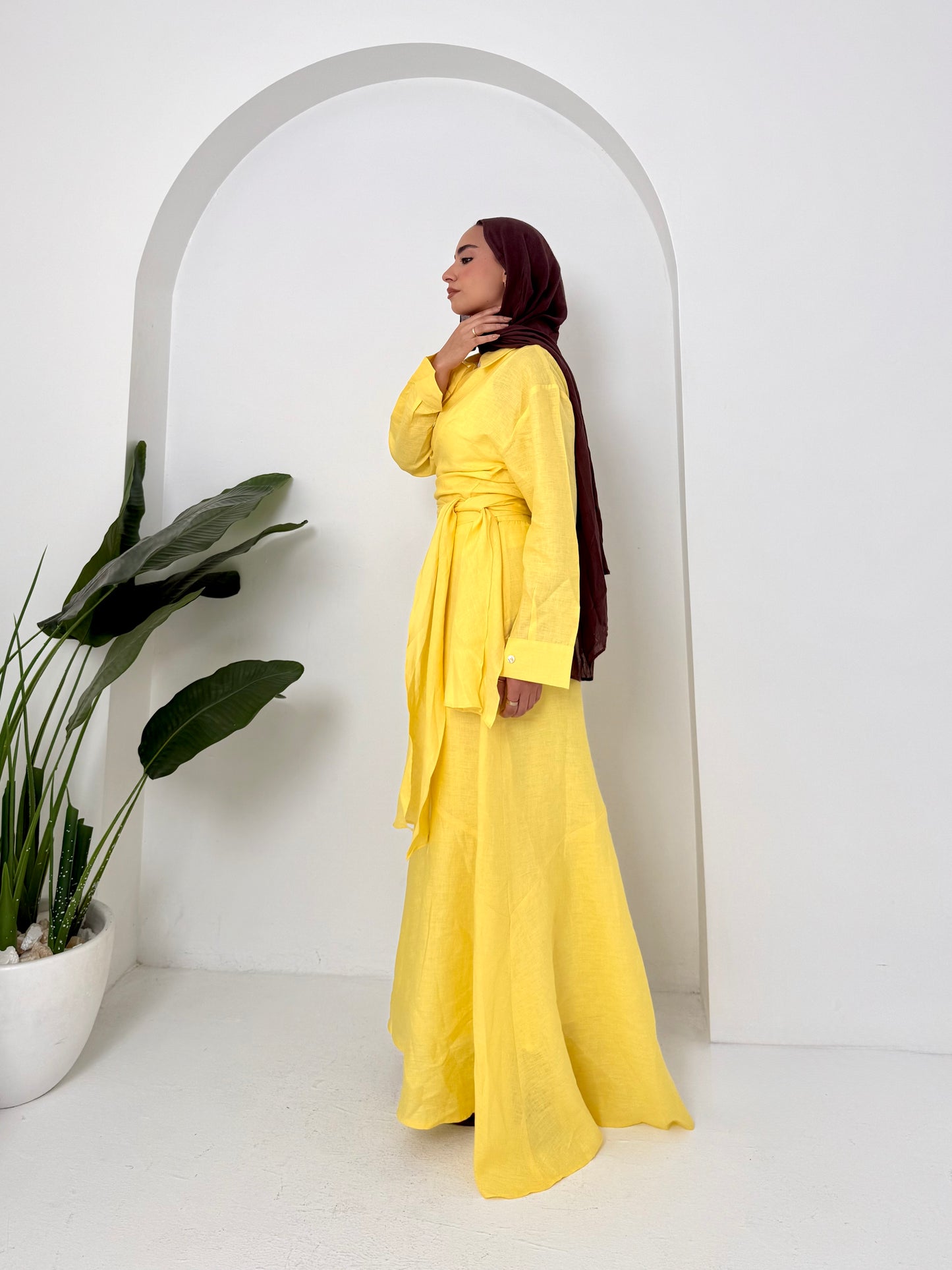 Yellow pure linen set (lined skirt)
