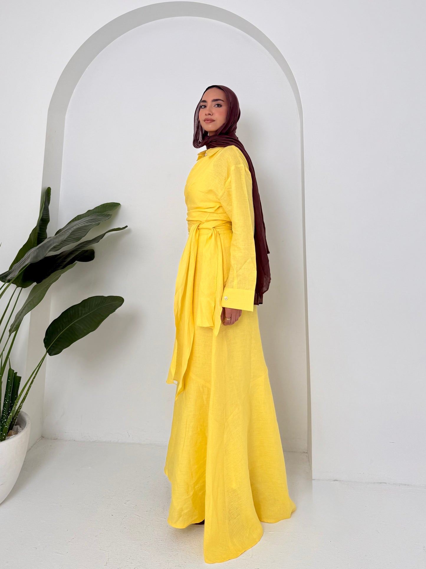 Yellow pure linen set (lined skirt)