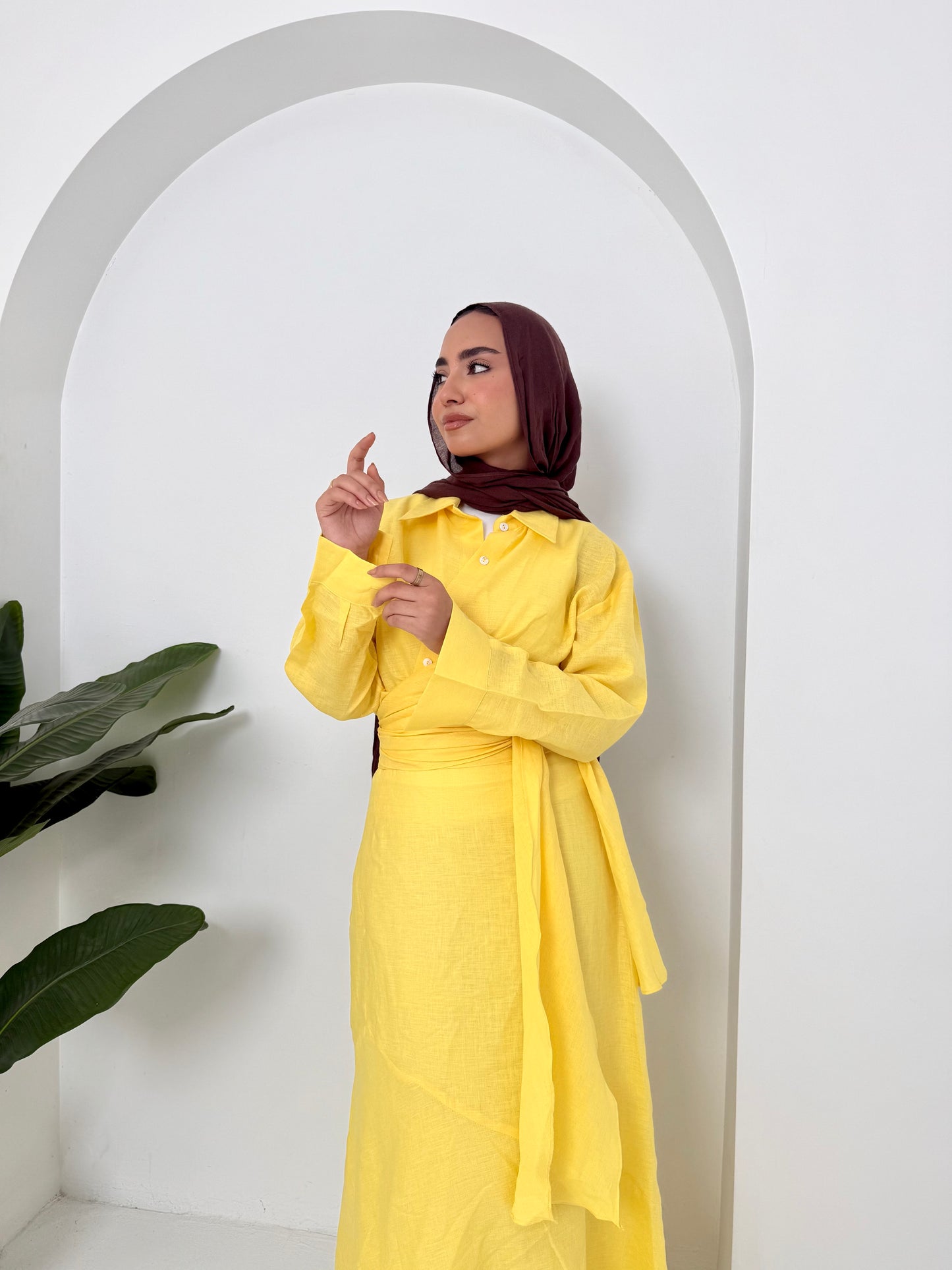 Yellow pure linen set (lined skirt)