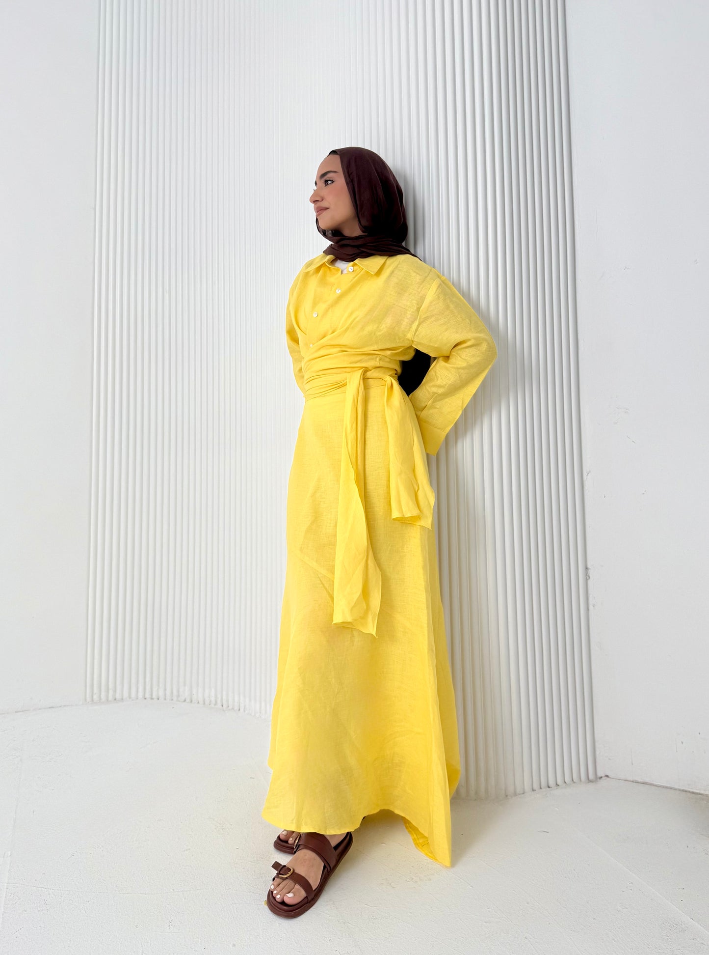 Yellow pure linen set (lined skirt)