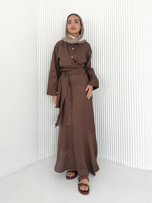 Brown pure linen skirt (lined skirt)
