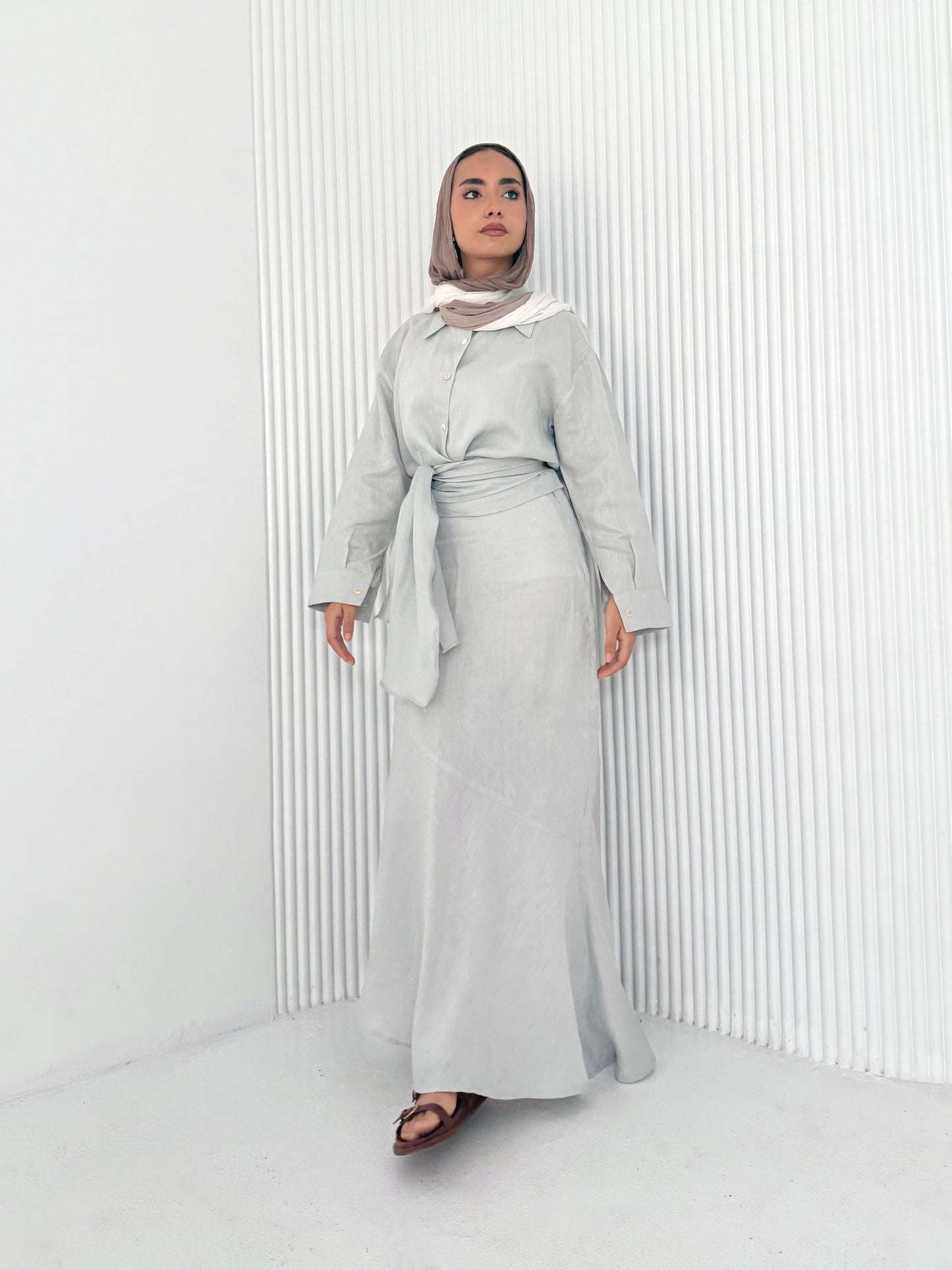 Gray pure linen set (lined skirt)