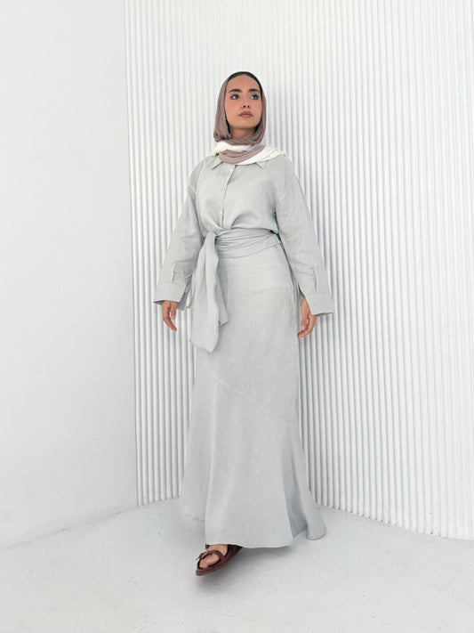 Gray pure linen set (lined skirt)