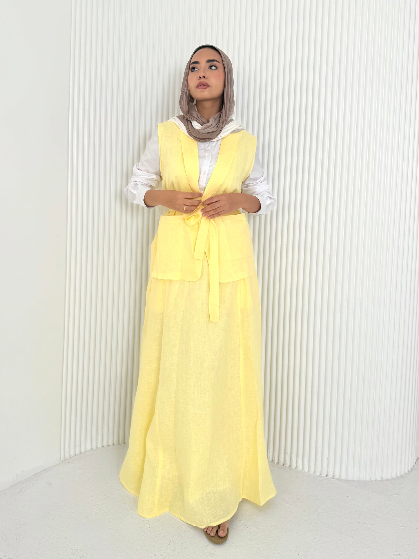 Yellow pure linen vest set (lined skirt)