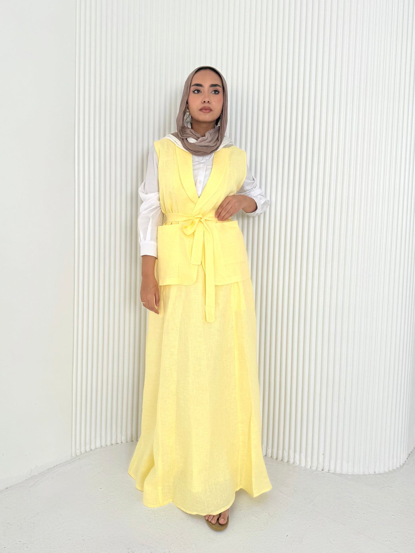 Yellow pure linen vest set (lined skirt)