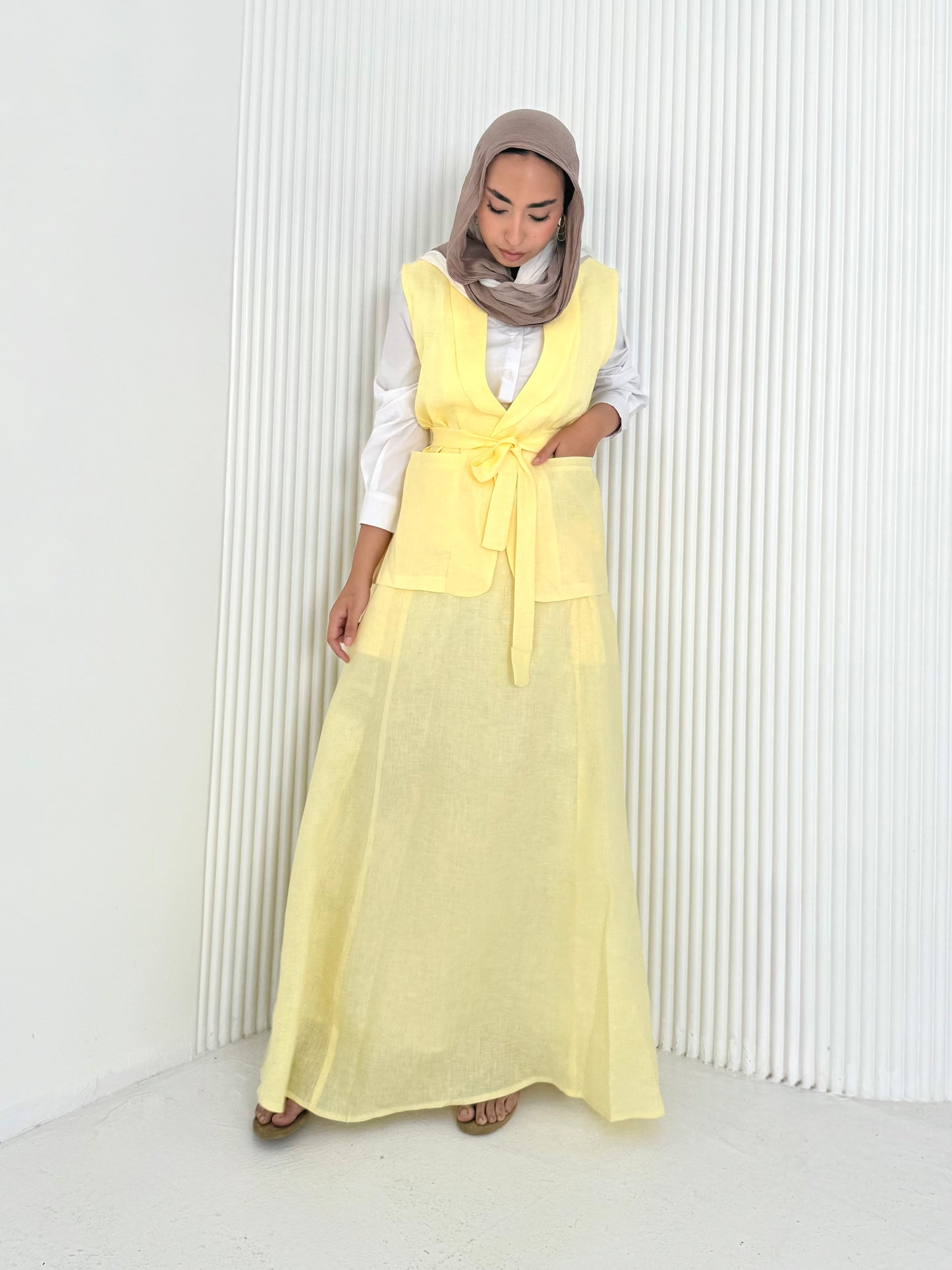 Yellow pure linen vest set (lined skirt)