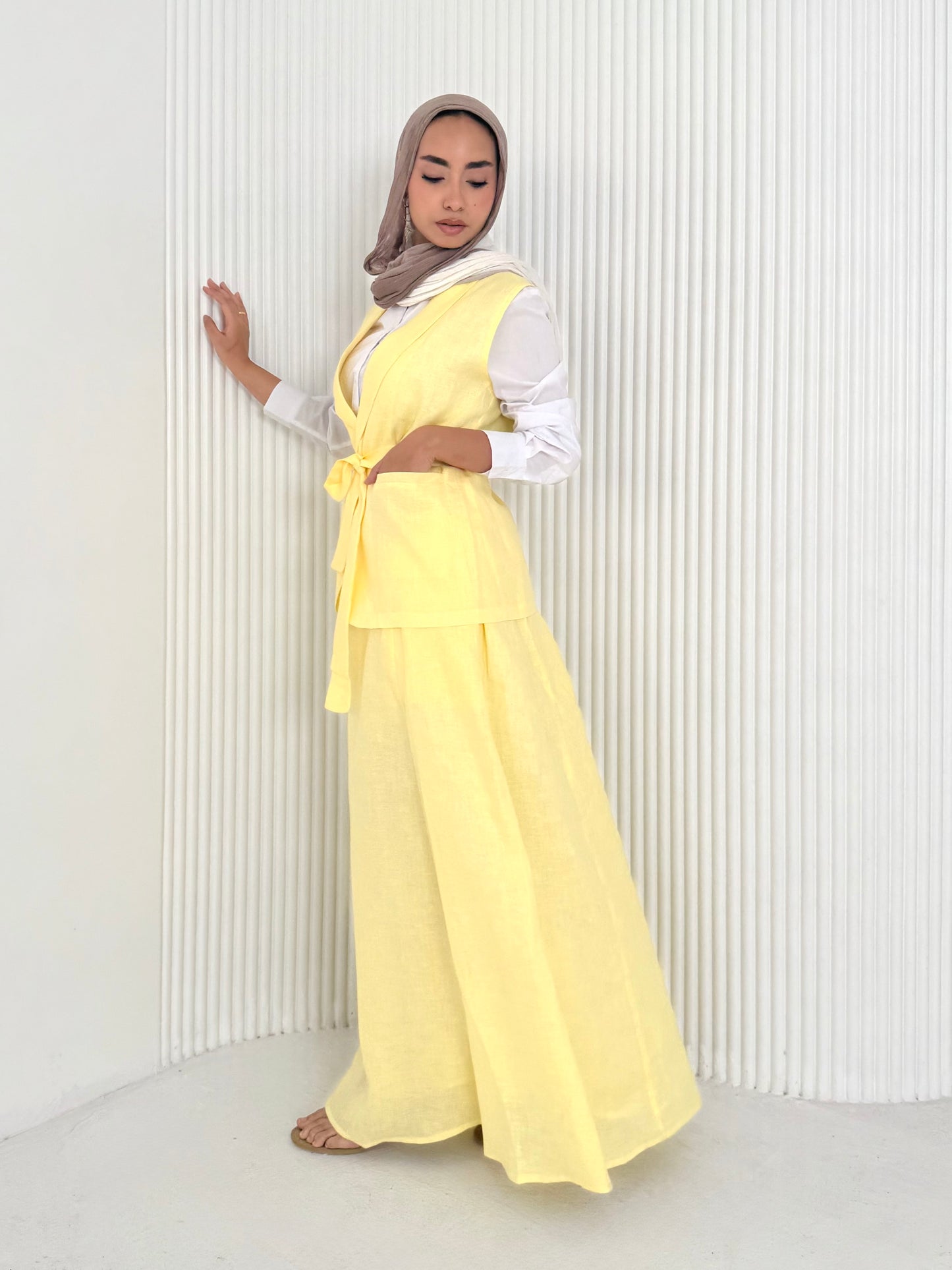 Yellow pure linen vest set (lined skirt)