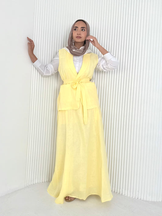 Yellow pure linen vest set (lined skirt)
