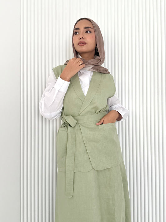 Olive pure linen vest set (lined skirt)