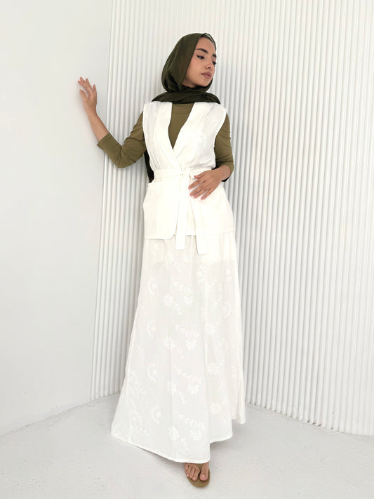 Off white embroidered gabardine vest set