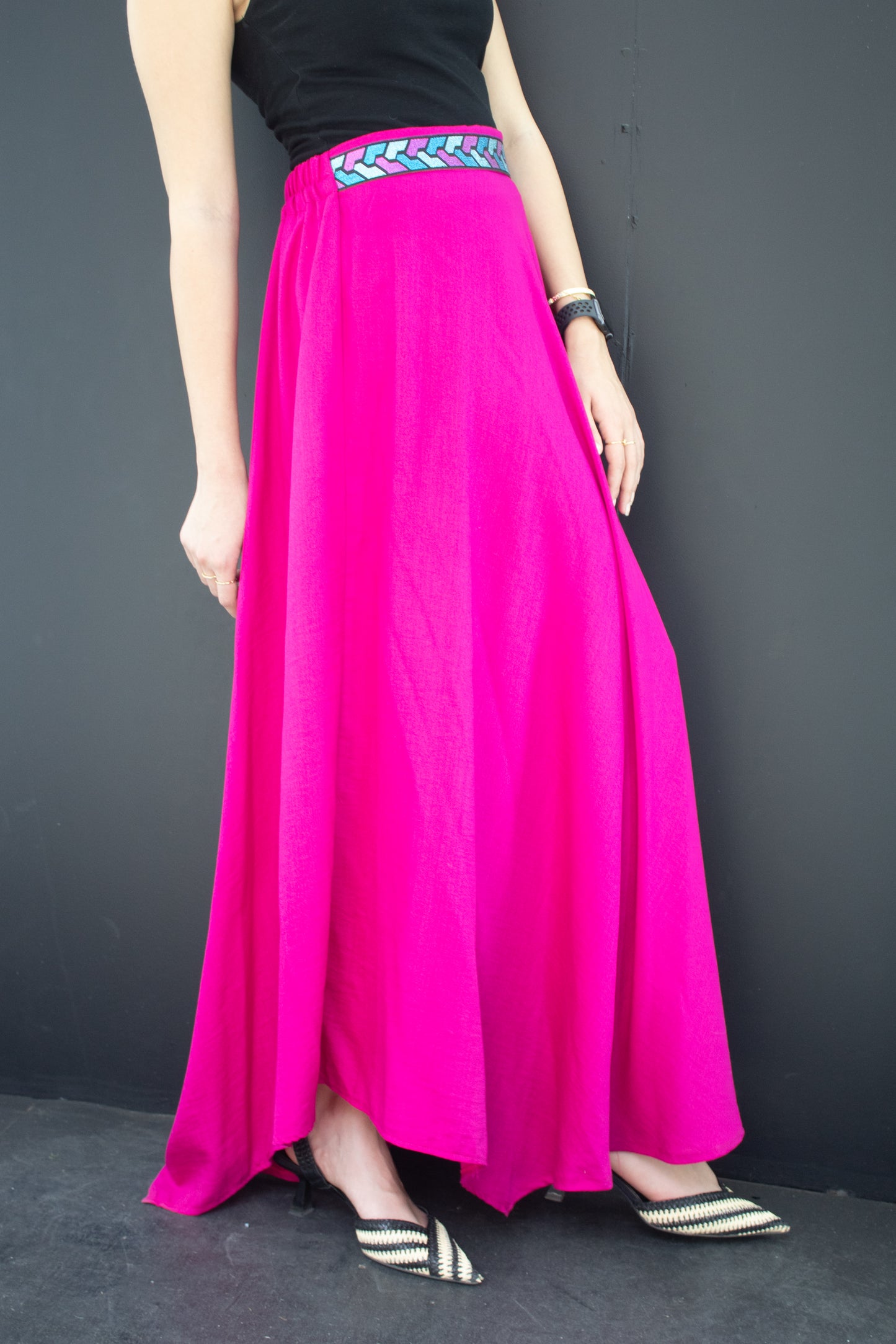 Hot pink linen free size skirt with colorful silk ribbon