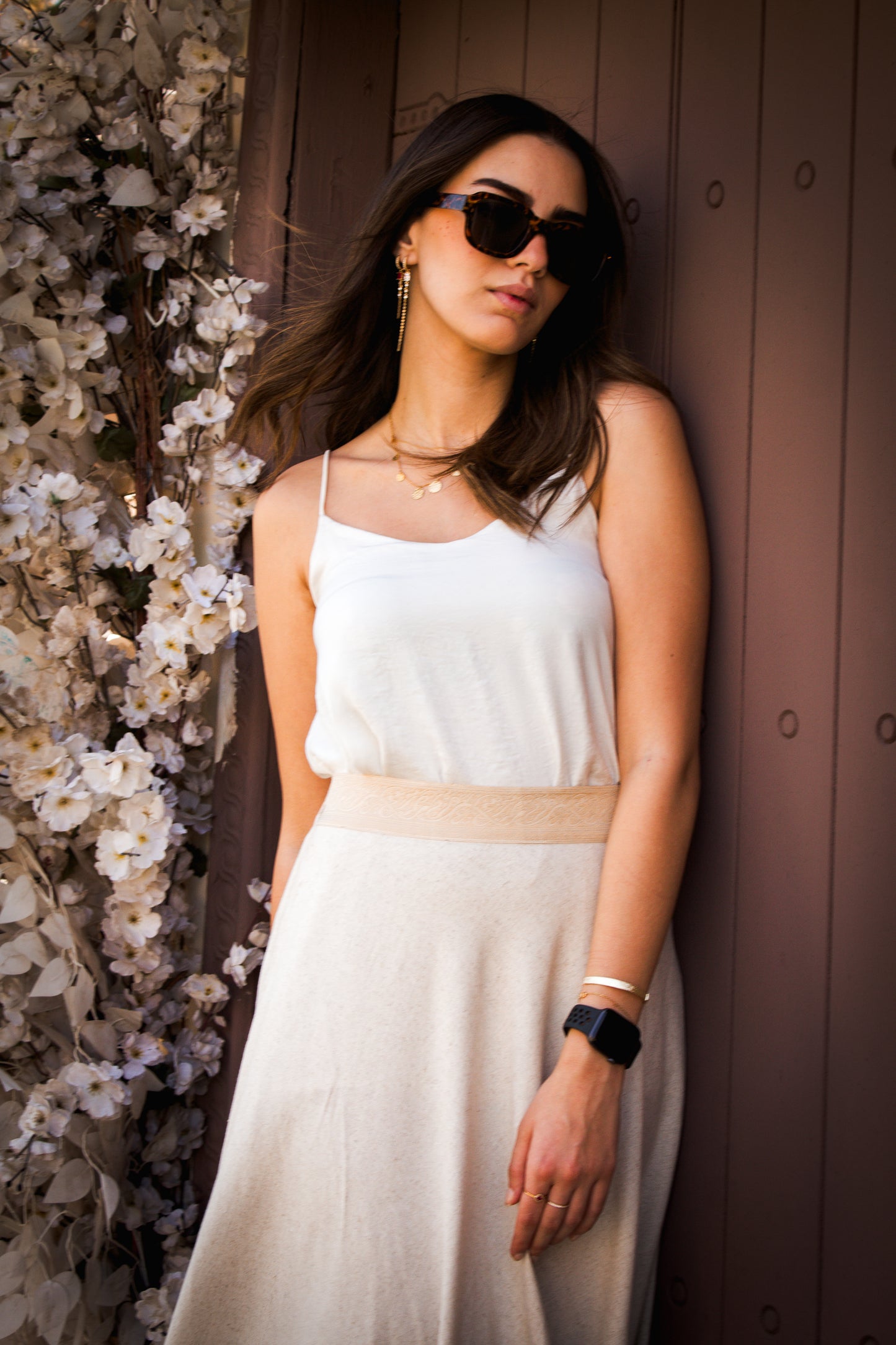 Cream linen free size skirt with golden silk ribbon