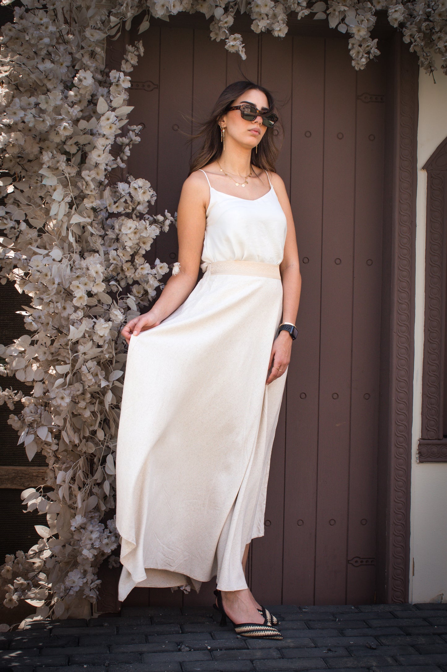 Cream linen free size skirt with golden silk ribbon