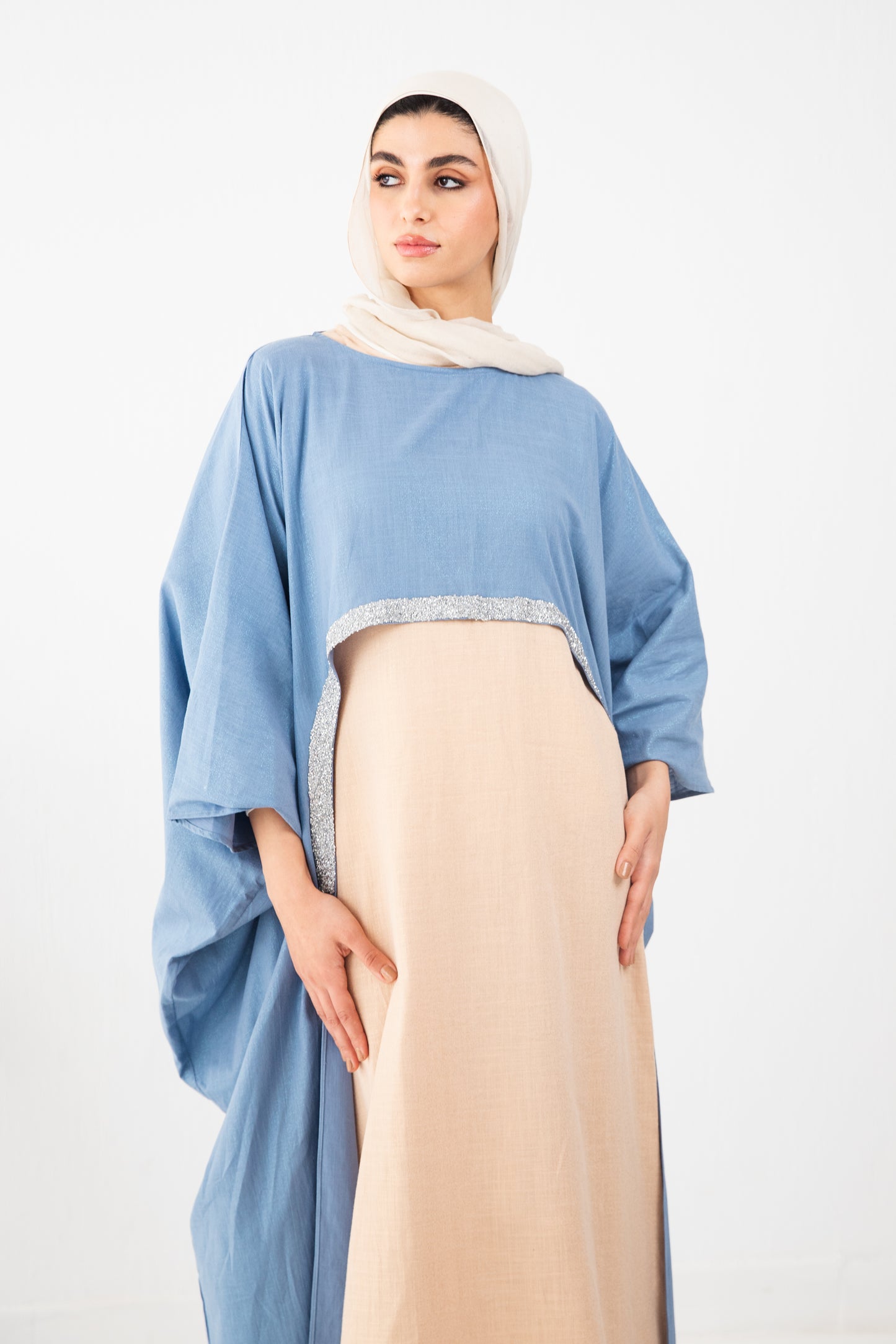 Shimmery Blue x Shimmery Beige Dress Abaya set