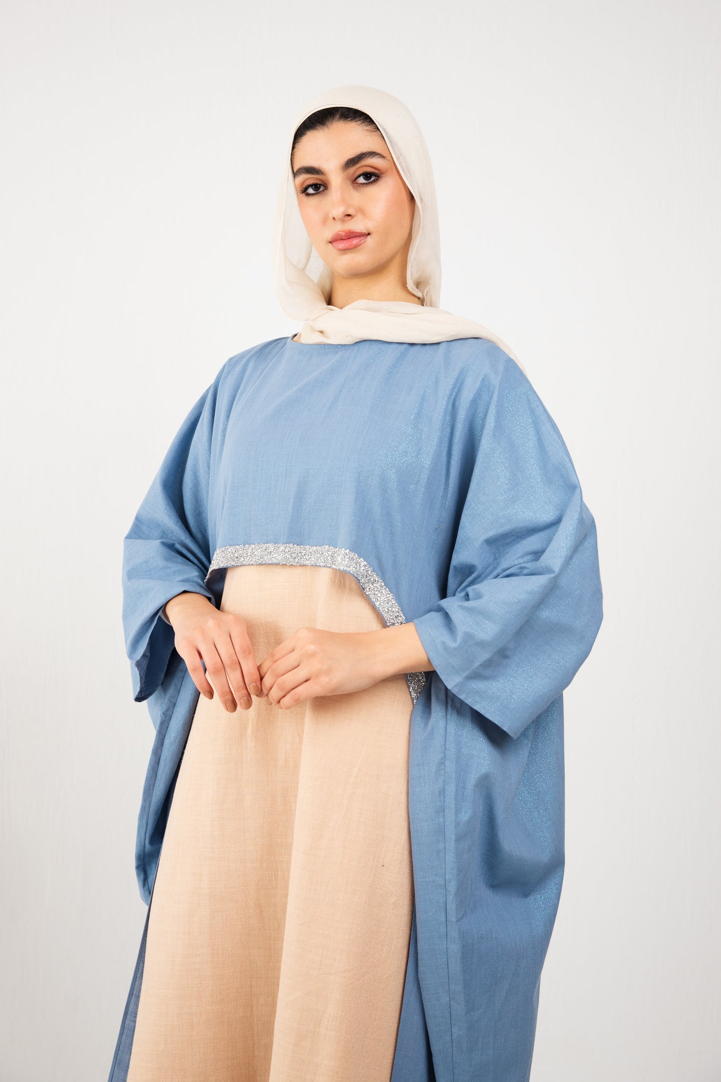 Shimmery Blue x Shimmery Beige Dress Abaya set