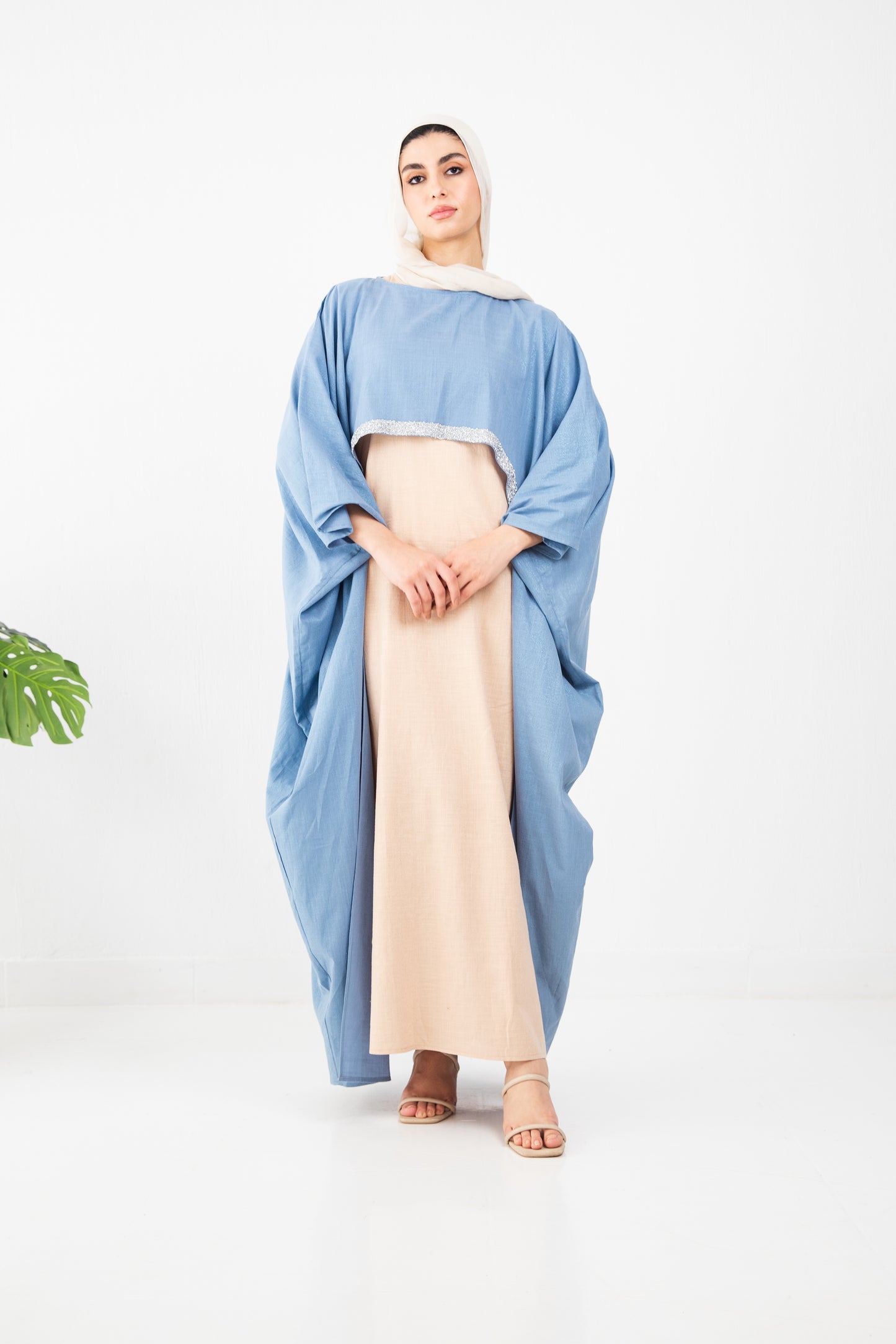 Shimmery Blue x Shimmery Beige Dress Abaya set