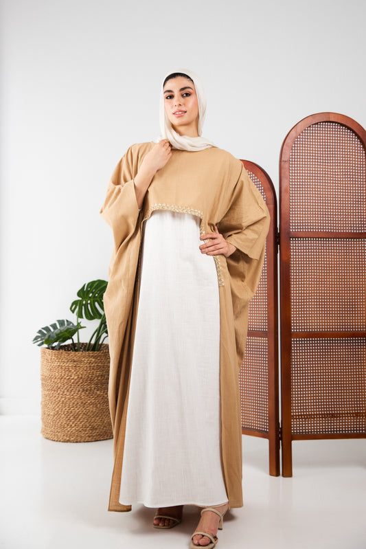 Shimmery beige x Shimmery white Dress Abaya set