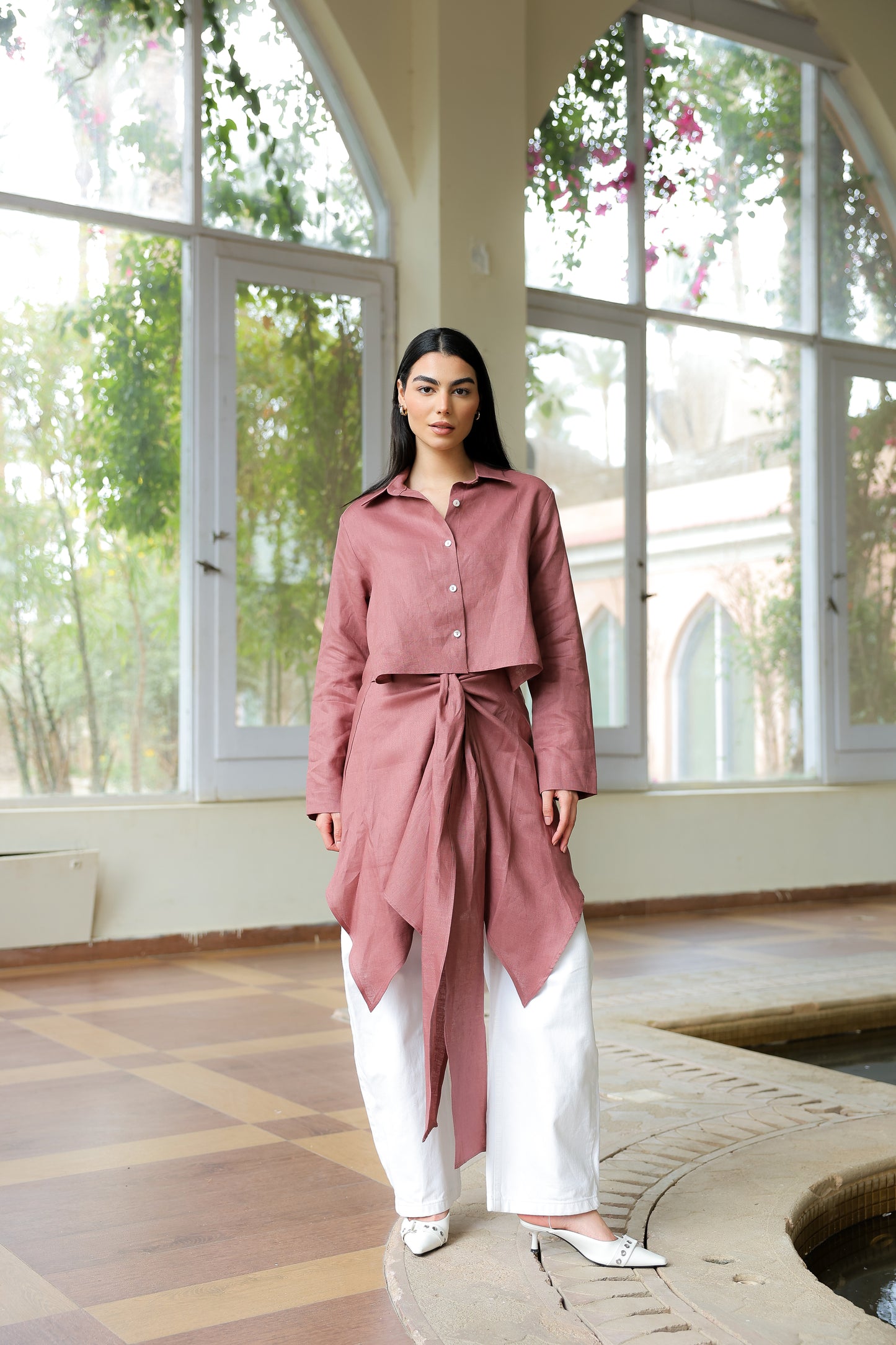 Paneled Tie-front shirt in rosewood