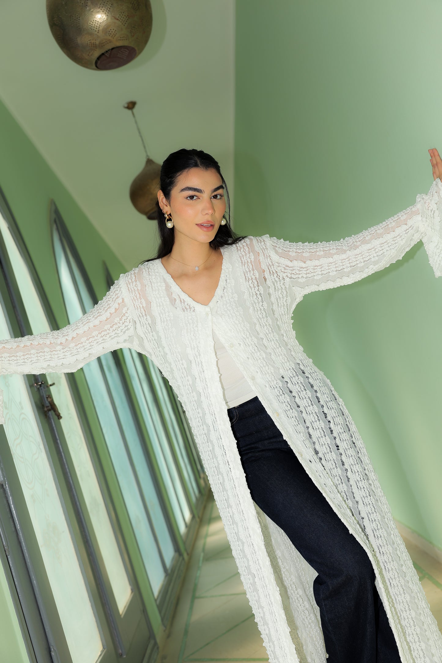 V lace cardigan in white