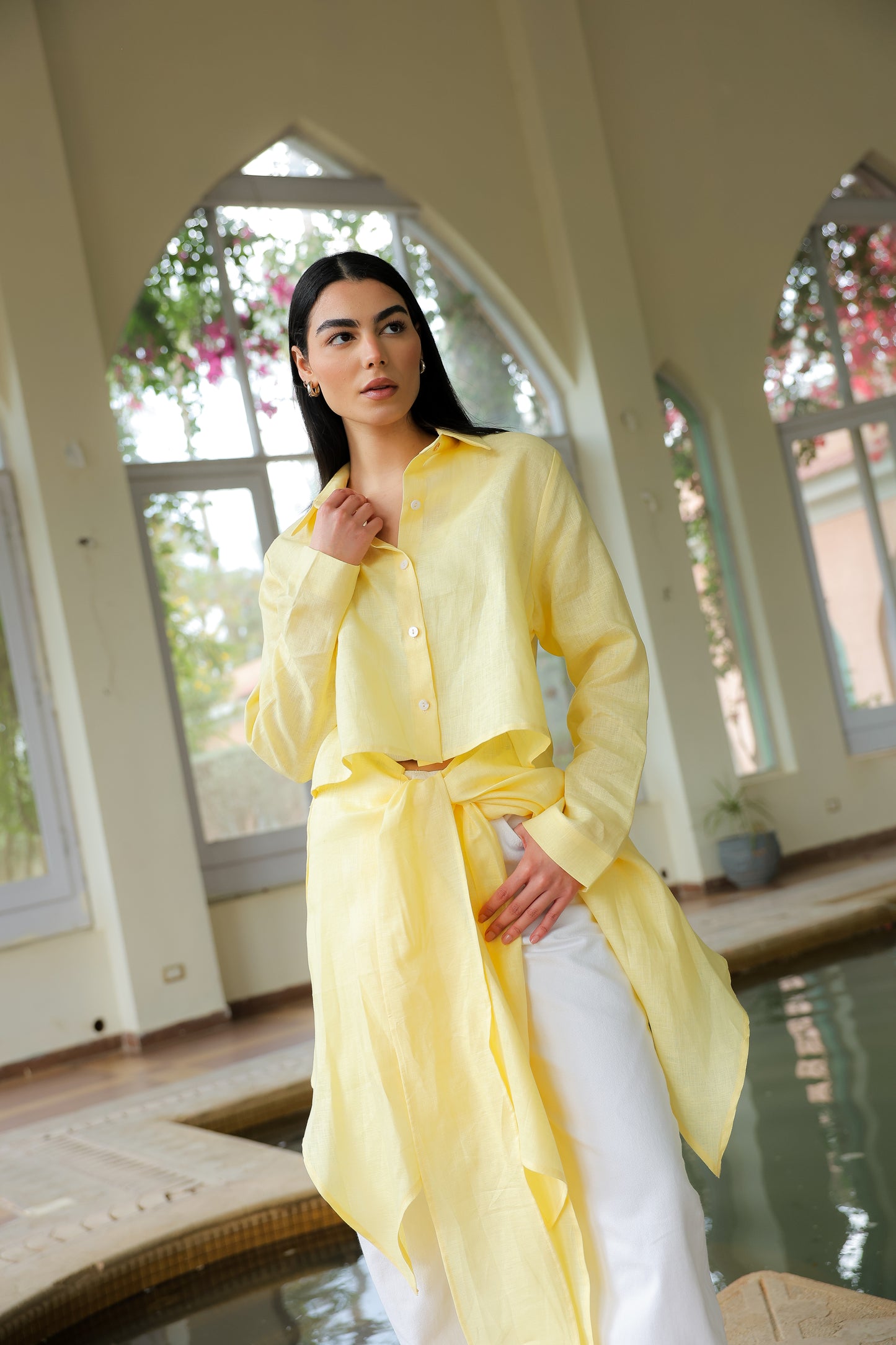 Paneled Tie-front shirt in yellow