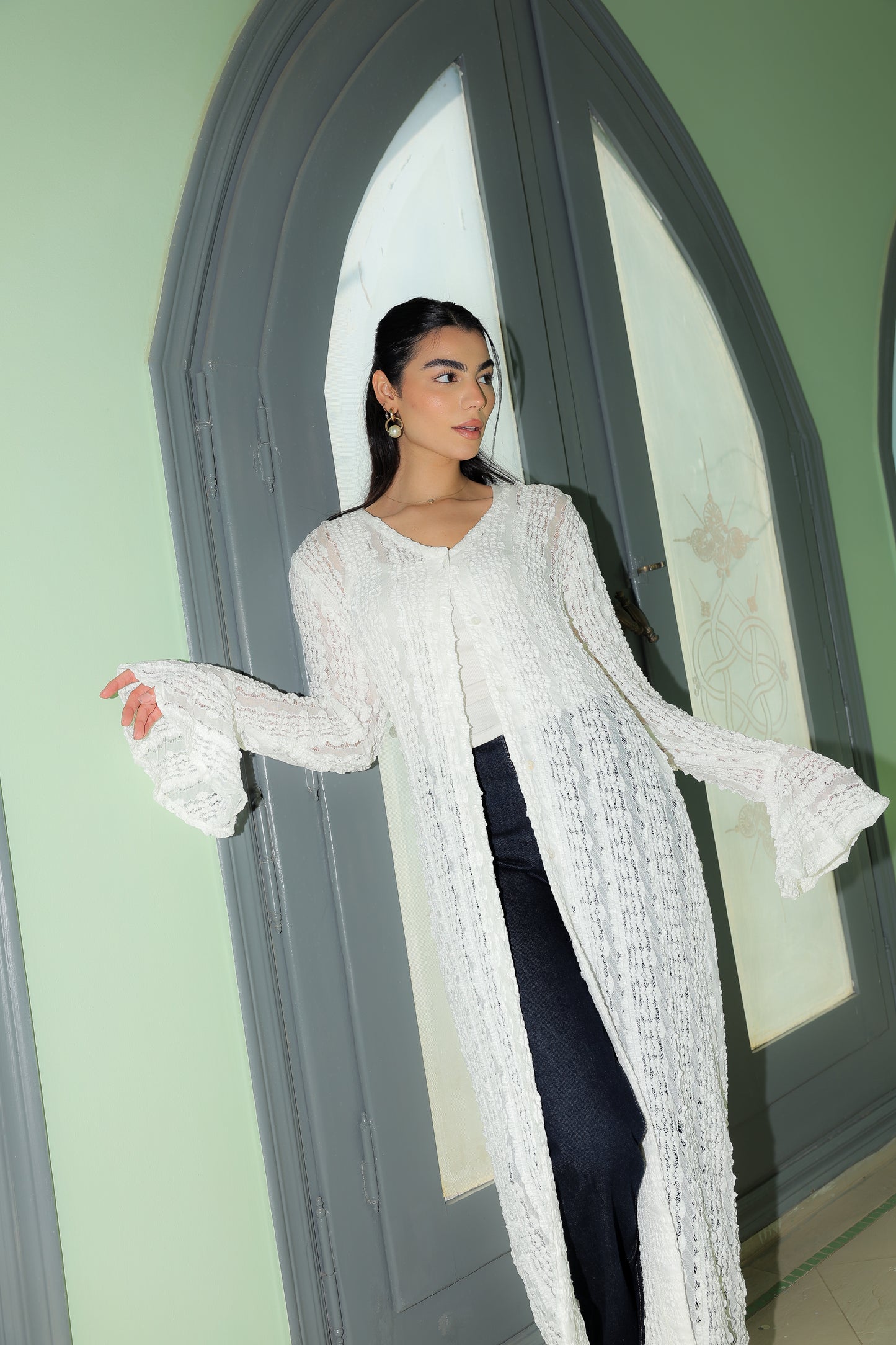 V lace cardigan in white
