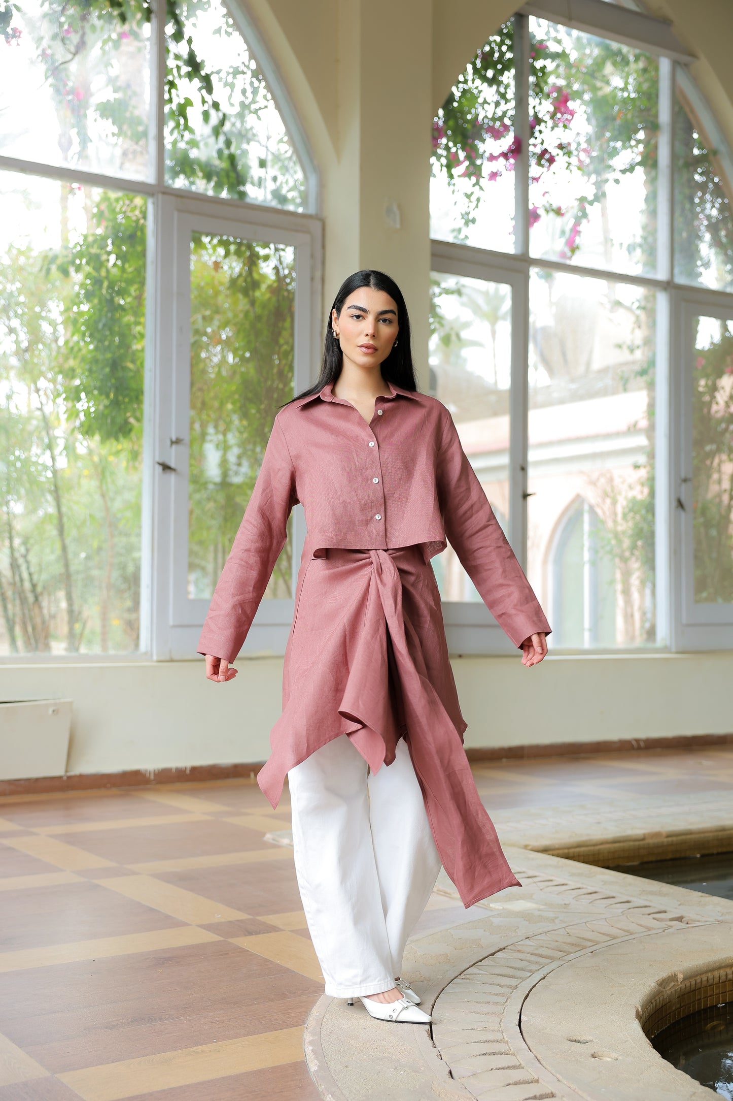Paneled Tie-front shirt in rosewood